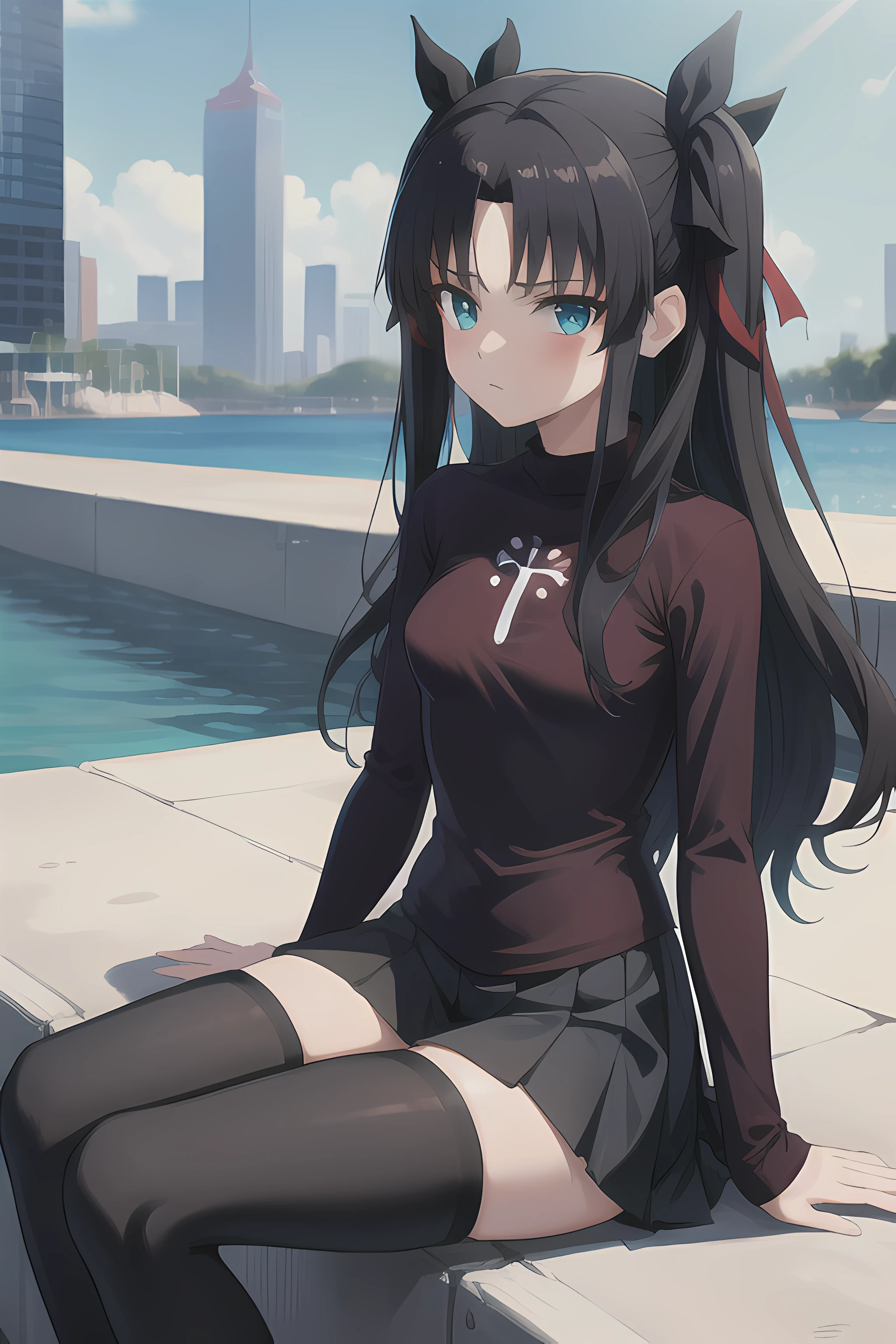 (masterpiece), best quality, expressive eyes, perfect face, 1girl, solo, rintohsaka, rin tohsaka, aqua eyes, black hair, hair ribbon, long hair, ribbon, sidelocks, two side up, black skirt, black thighhighs, long sleeves, miniskirt, pleated skirt, ((red sweater)), skirt, sweater, thighhighs, turtleneck, city background, sitting, character sheet, upper body, portrait, looking at viewer