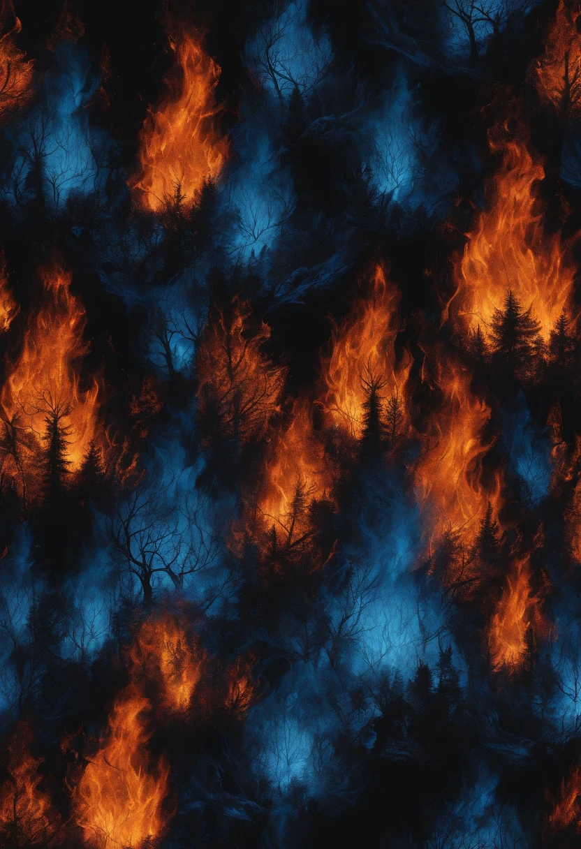 Black background drawing of lost of shadow faces in a burning forest of blue flames
