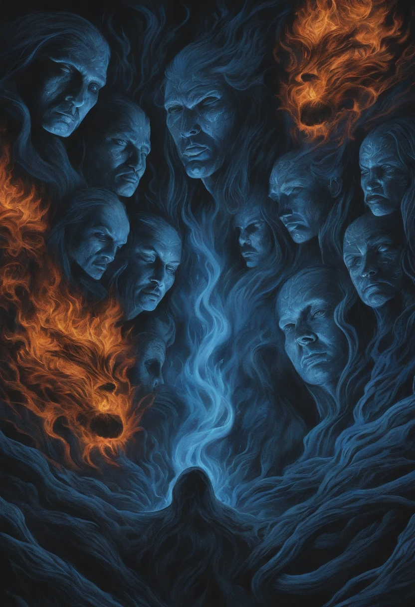 Black background drawing of lost of shadow faces in a burning forest of blue flames