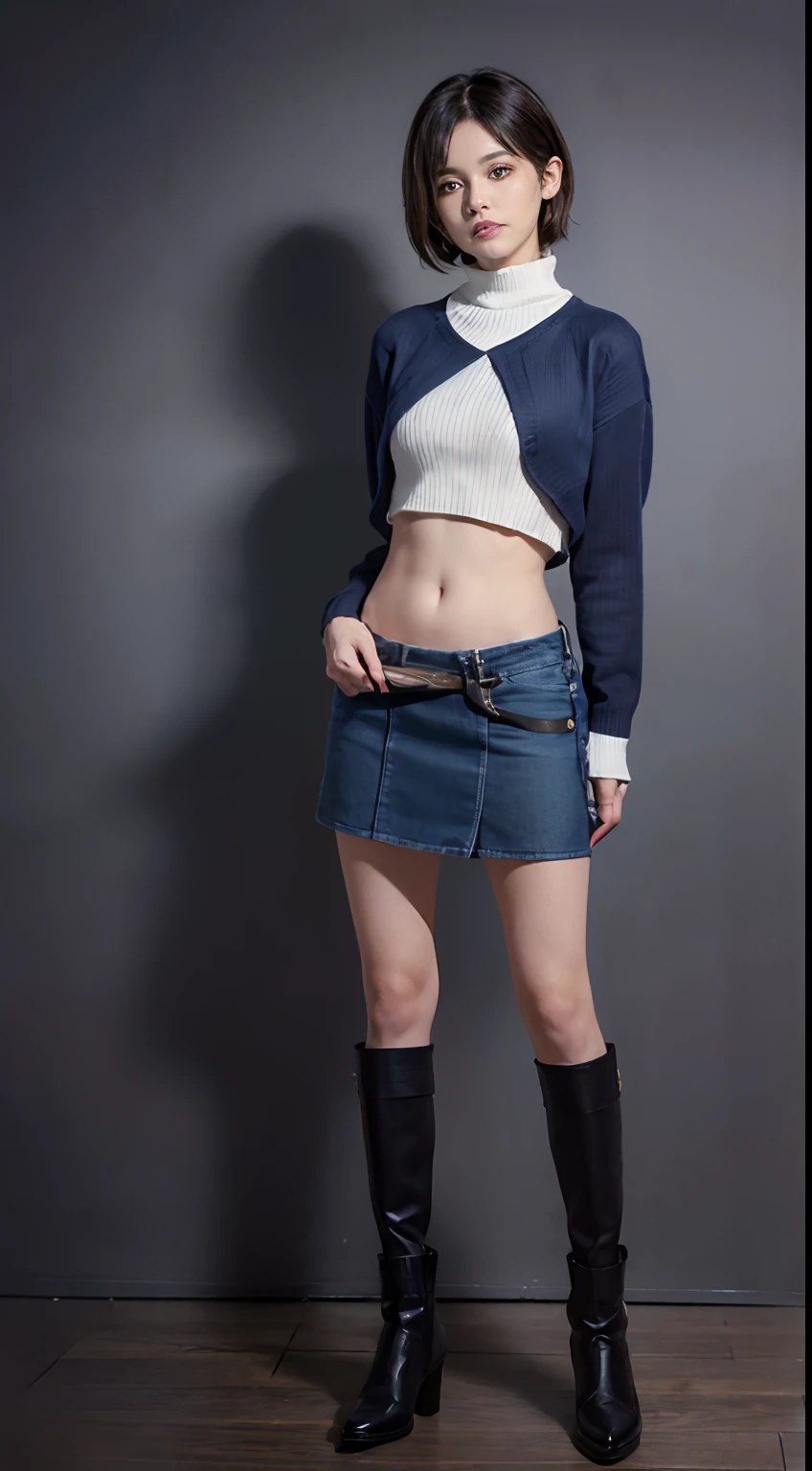 Sweaters、Denim Mini Skirt、full body Esbian、frontage、A slender、(masuter piece:1.3)、(8K、Photorealsitic、Raw photography、top-quality: 1.4)、(1girl in)、beautiful countenance、(Lifelike face)、(A dark-haired、short-hair:1.3)、Beautiful hairstyle、realisticeyes、Beautiful details、(real looking skin)、Beautiful skins、(Sweaters)、absurderes、enticing、超A high resolution、A hyper-realistic、high-detail、the golden ratio、((wide open abdomen))、((open abdomen))、((wide open navel))、((open navel))、((Bare belly))、((Mid-Riff Sweater))、((Mid-Riff Sweater))、((Ultra-low rise、Denim Mini Skirt))、 ((Navel Ejection))、((small hips))、((long limbs))、((Full body depiction))、((small hip))、(long boots)、((Ultra-low rise))、((Denim Mini Skirt))、((is standing))、 ((wide open abdomen))、((open abdomen))、((wide open navel))、((open navel))、((Bare belly))、((Mid-Riff Sweater))、((Ultra-low rise、Denim Mini Skirt))、 ((Navel Ejection))、((small hips))、((Full body depiction))、((small hip))、(boots)、((Ultra-low rise))、((Denim Mini Skirt))、((is standing))、
