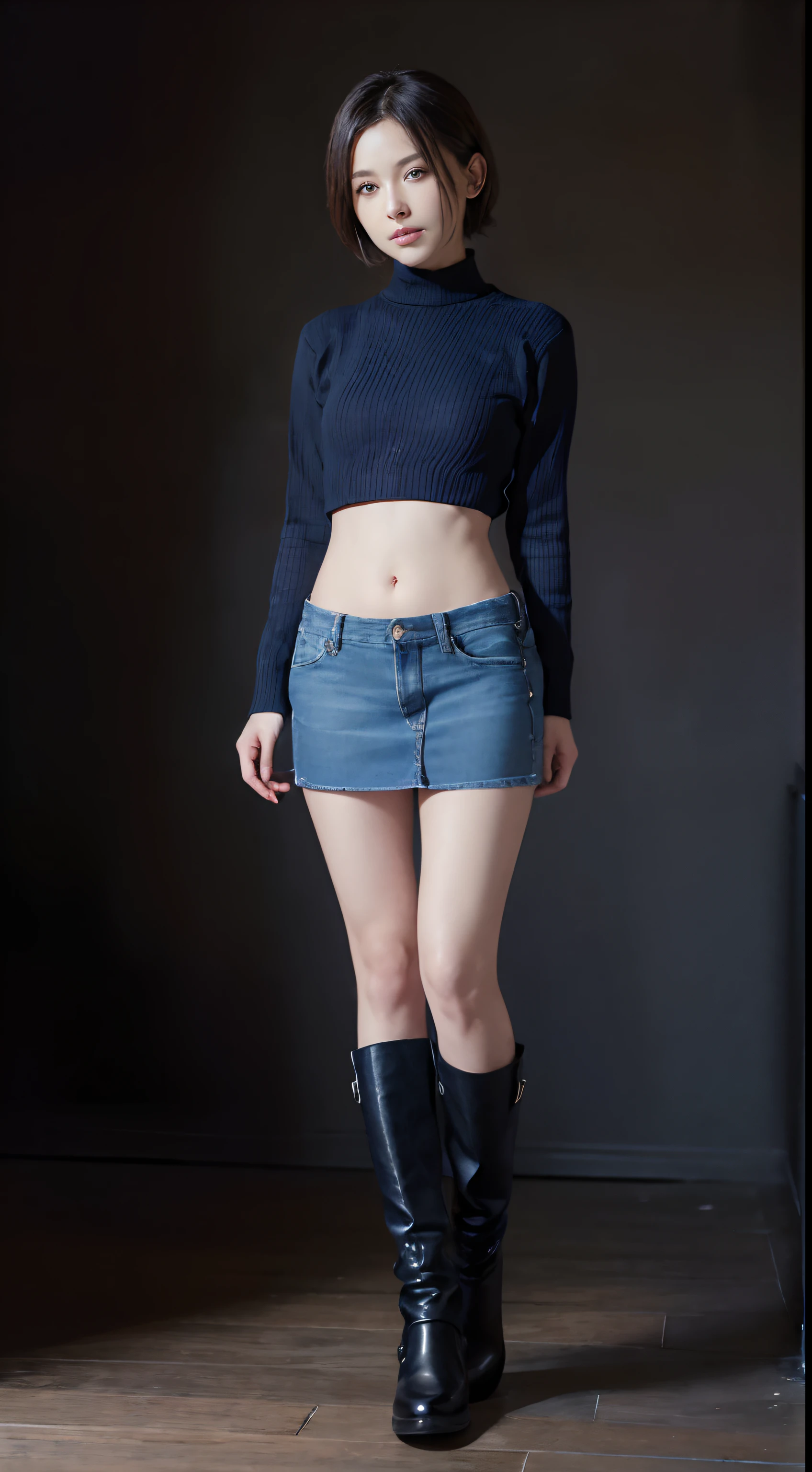 Sweaters、Denim Mini Skirt、full body Esbian、frontage、A slender、(masuter piece:1.3)、(8K、Photorealsitic、Raw photography、top-quality: 1.4)、(1girl in)、beautiful countenance、(Lifelike face)、(A dark-haired、short-hair:1.3)、Beautiful hairstyle、realisticeyes、Beautiful details、(real looking skin)、Beautiful skins、(Sweaters)、absurderes、enticing、超A high resolution、A hyper-realistic、high-detail、the golden ratio、((wide open abdomen))、((open abdomen))、((wide open navel))、((open navel))、((Bare belly))、((Mid-Riff Sweater))、((Mid-Riff Sweater))、((Ultra-low rise、Denim Mini Skirt))、 ((Navel Ejection))、((small hips))、((long limbs))、((Full body depiction))、((small hip))、(long boots)、((Ultra-low rise))、((Denim Mini Skirt))、((is standing))、 ((wide open abdomen))、((open abdomen))、((wide open navel))、((open navel))、((Bare belly))、((Mid-Riff Sweater))、((Ultra-low rise、Denim Mini Skirt))、 ((Navel Ejection))、((small hips))、((Full body depiction))、((small hip))、(boots)、((Ultra-low rise))、((Denim Mini Skirt))、((is standing))、