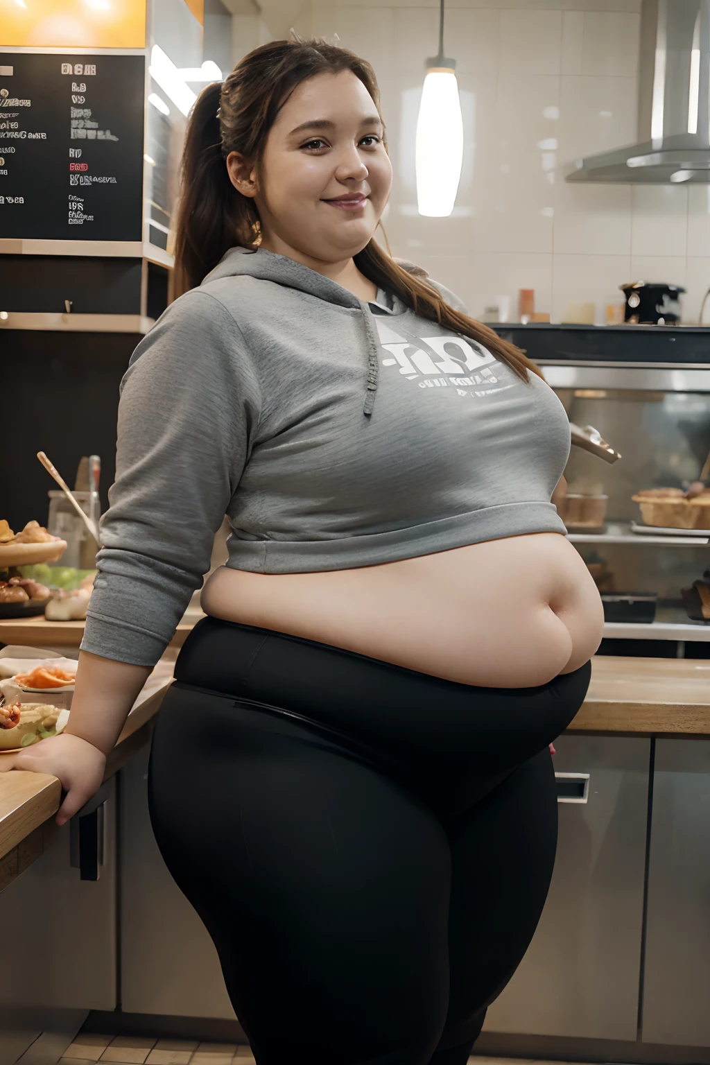48-year-old woman, plus size milf body, SSBW, extremely obese, (obese belly):1.6, (obese legs):1.5, fat rolls, fat woman, fat figure, in tight leggings and a hoodie standing in a fast food restaurant, wide hips, large thighs, beautiful thick female, thick thighs, she has a jiggly fat round belly, black leggings, leggings, black spandex, black extremely tight jeans, black leggings, very big booty, wearing black tight clothing, best quality, cinematic lighting, detailed background, beautifully detailed eyes, seductive face, look at a camera and winking smile, ponytail hair, erotic adult face, 48 yo, soft volumetric lights, intricate details, (ArtStation:1.2)