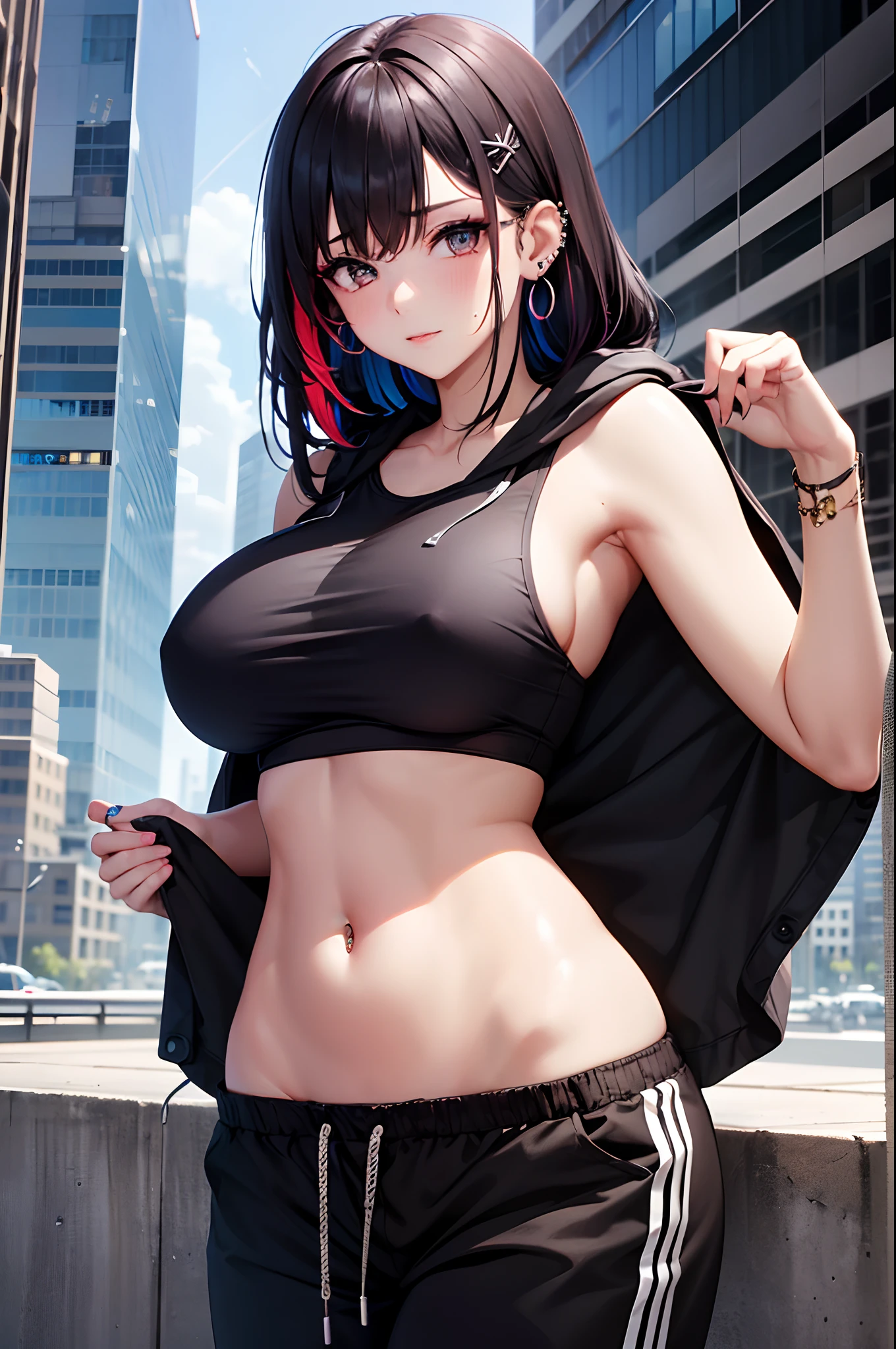 1girl, absurdres, high res, extremely detailed ultrasharp, 8K, masterpiece, city background, looking at viewer, thighs, breasts, big breasts, sideboob, long hair, multicolored hair, makeup, tank top, ear piercings, hair ornament, sweatpants, hood