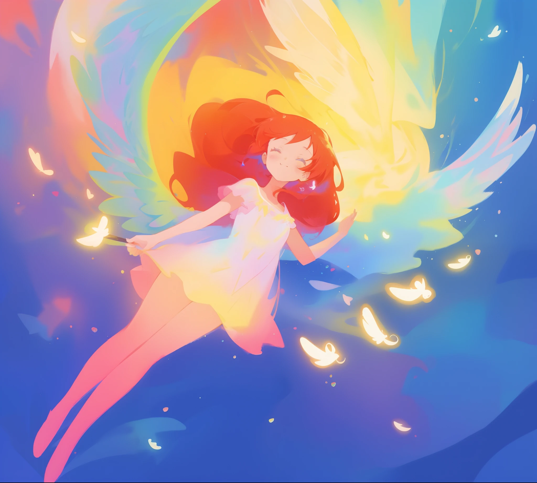 beautiful angel girl in colorful shimmering puffy dress, ((colorful angel wings)), vibrant pastel colors, long flowing red hair, colorful fantasia background, watercolor illustration, disney art style, beautiful digital illustration, beautiful, masterpiece, best quality, anime disney style, beautiful face