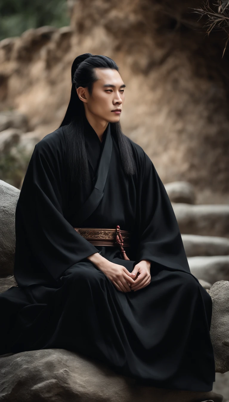 Close-up of a young Chinese Taoist leader sitting on a stone,long whitr hair,lbeard,Meditation cross-legged,Daoism, Wearing a black robe,magic aura,Taoist master,Taoist,at centre,Face the lens,Very bright colors, Light particles, with light glowing, Mshiv, wallpaper art, UHD wallpaper