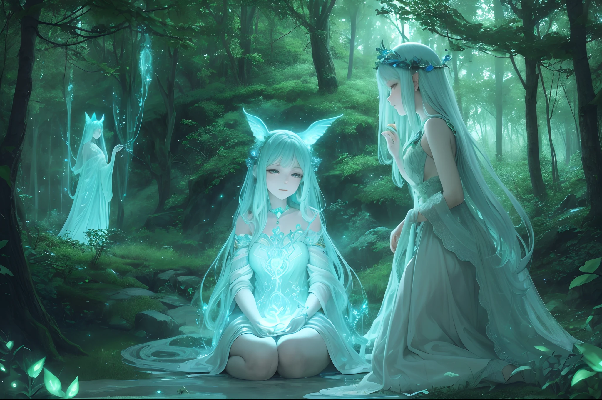 Generate a hyper-realistic AI artwork that depicts ethereal and enchanting forest spirits. These spirits should be intertwined with the natural elements of the forest, exuding an otherworldly presence. The spirits can take on various forms, such as tree spirits, nymphs, or luminous entities. Pay meticulous attention to detail, with vibrant and lifelike colors that blend seamlessly with the forest surroundings. The lighting should evoke a magical and tranquil atmosphere, emphasizing the spirits' connection to the natural world. Please focus on creating a rich and captivating narrative that conveys the mystery and wonder of these forest spirits.