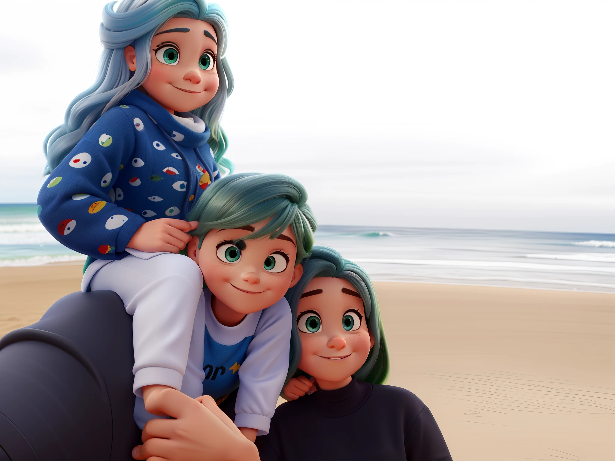 uma familia disney pixar, alta qualidade, melhor qualidade, ao fundo o mar, menina com os olhos verdes e cabelo na cor da imageme homem com os olhos azuis e cabelos pretos, mulher com cabelos pretos e olhos castanhos