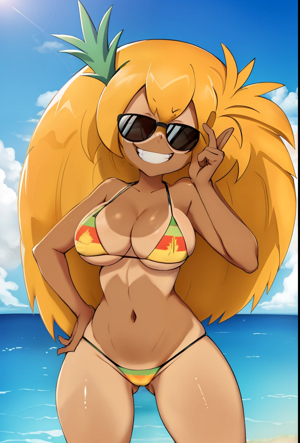 ((masterpiece)), (best quality), (detailed), pineapple_toppin, sunglasses, large breasts, tan lines,black bikini,grin, hand on hip,solo