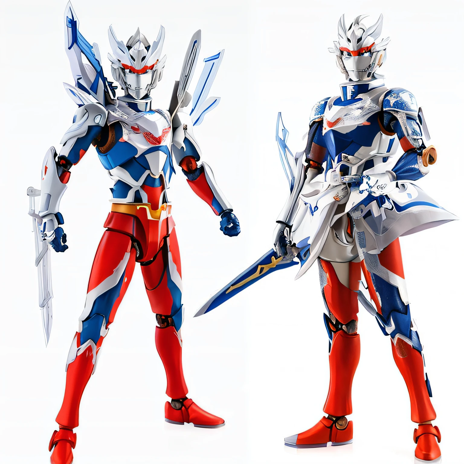 Robot with sword,Wear a robot that is very good,Close-up of two different images, japanese action figure, droid, battle action pose, action figurine toy, action figure, anime action figure, as an action figure, heroically battle posing, Action figures, blue and ice silver color armor, cyber japan style armor, cyber japan armor, ultra hyper-detailed, hero action pose