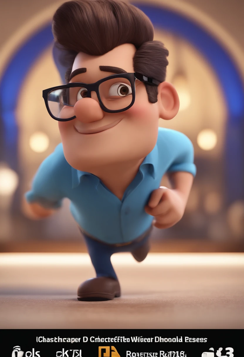 Cartoon character of a man with black glasses and a blue shirt, animation character, Caractere estilizado, animation style rendering, 3D estilizado, Arnold Maya render, 3 d render stylized, toon render keyshot, Personagem 3D, Personagem 3D, 3d rendering stylized, 3 d character render, personagem de desenho animado, Personagem de close up, Pose de personagem, (Estilo Pixar) (master part:1.2) (Bokeh) (best quality) (pele detalhada) (textura detalhada) (8k) (argila) (Cinematic lighting) (foco nítido