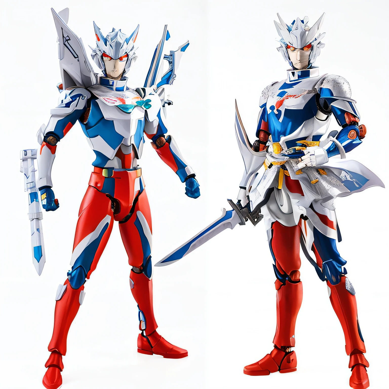 Robot with sword,Wear a robot that is very good,Close-up of two different images, japanese action figure, droid, battle action pose, action figurine toy, action figure, anime action figure, as an action figure, heroically battle posing, Action figures, blue and ice silver color armor, cyber japan style armor, cyber japan armor, ultra hyper-detailed, hero action pose