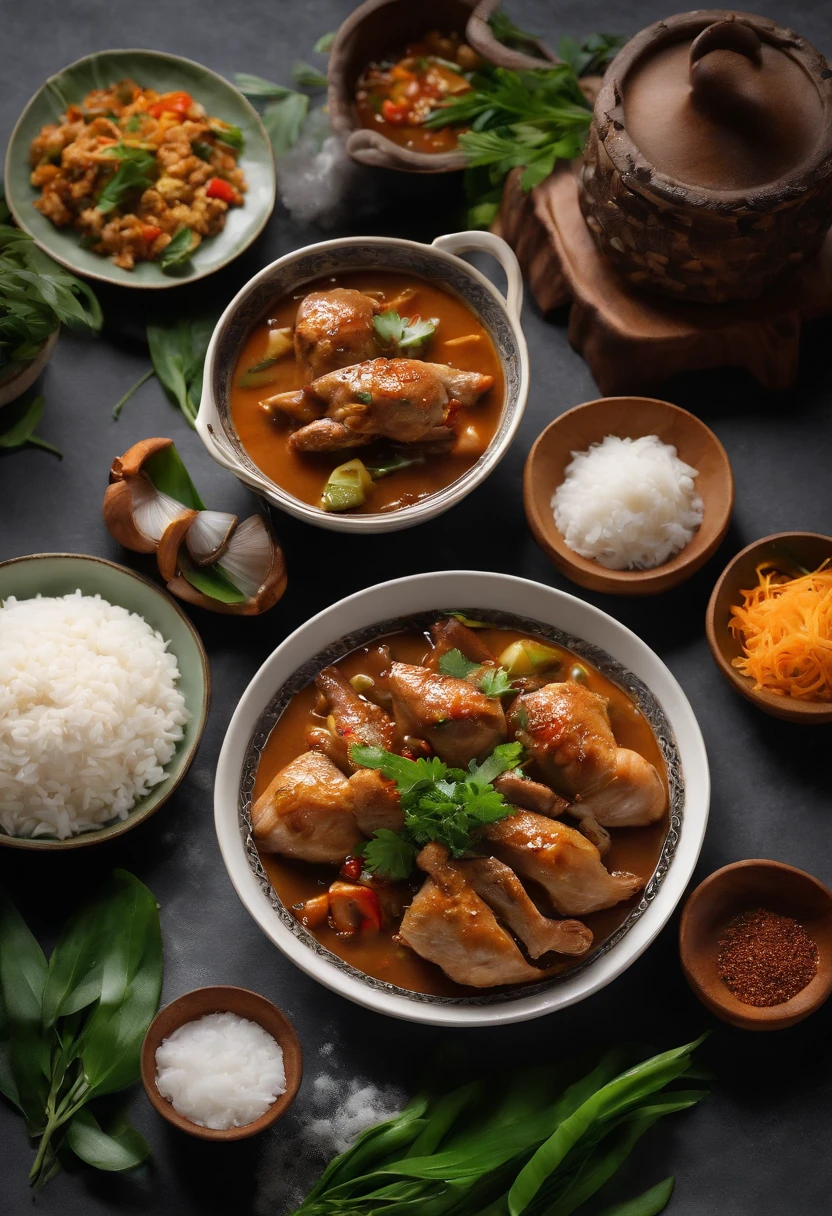 best quality,4k,8k,highres,masterpiece:1.2,ultra-detailed,realistic:1.37, Filipino Bicol express,traditional dish,sumptuous presentation,aromatic spices,braised chicken,coconut milk,rich and flavorful sauce,tender meat,mouthwatering,steaming white rice,vegetable garnish,vivid colors,exquisite plating,authentic cuisine,culinary masterpiece,Indonesian culture,culinary heritage