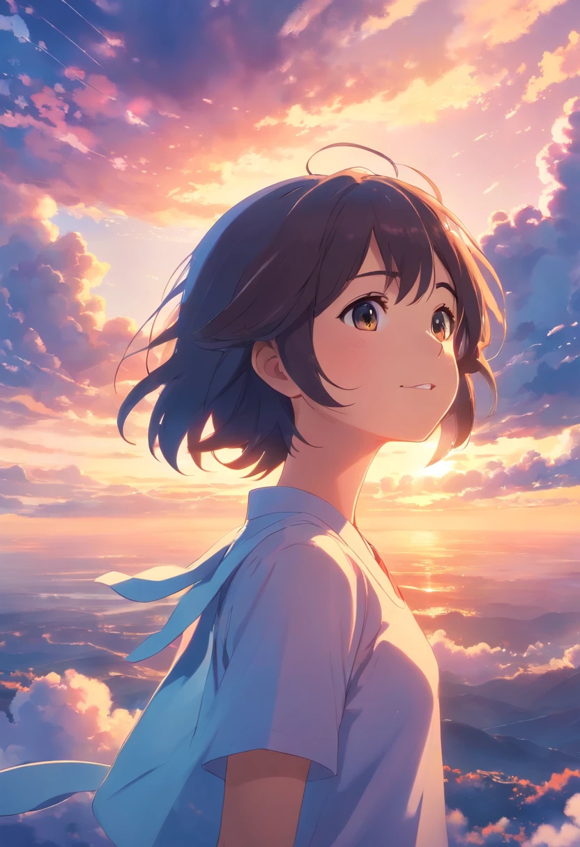 masterpiece, best quality, movie still, 1girl, cloud girl, floating in the sky, close-up, bright, happy, warm soft lighting, sunset, night(sparks:0.7)