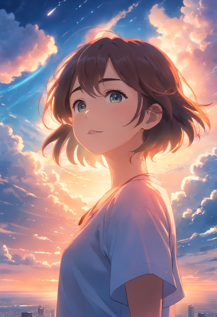 masterpiece, best quality, movie still, 1girl, cloud girl, floating in the sky, close-up, bright, happy, warm soft lighting, sunset, night(sparks:0.7)