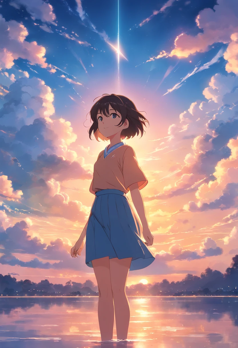 masterpiece, best quality, movie still, 1girl, cloud girl, floating in the sky, close-up, bright, happy, warm soft lighting, sunset, night(sparks:0.7)