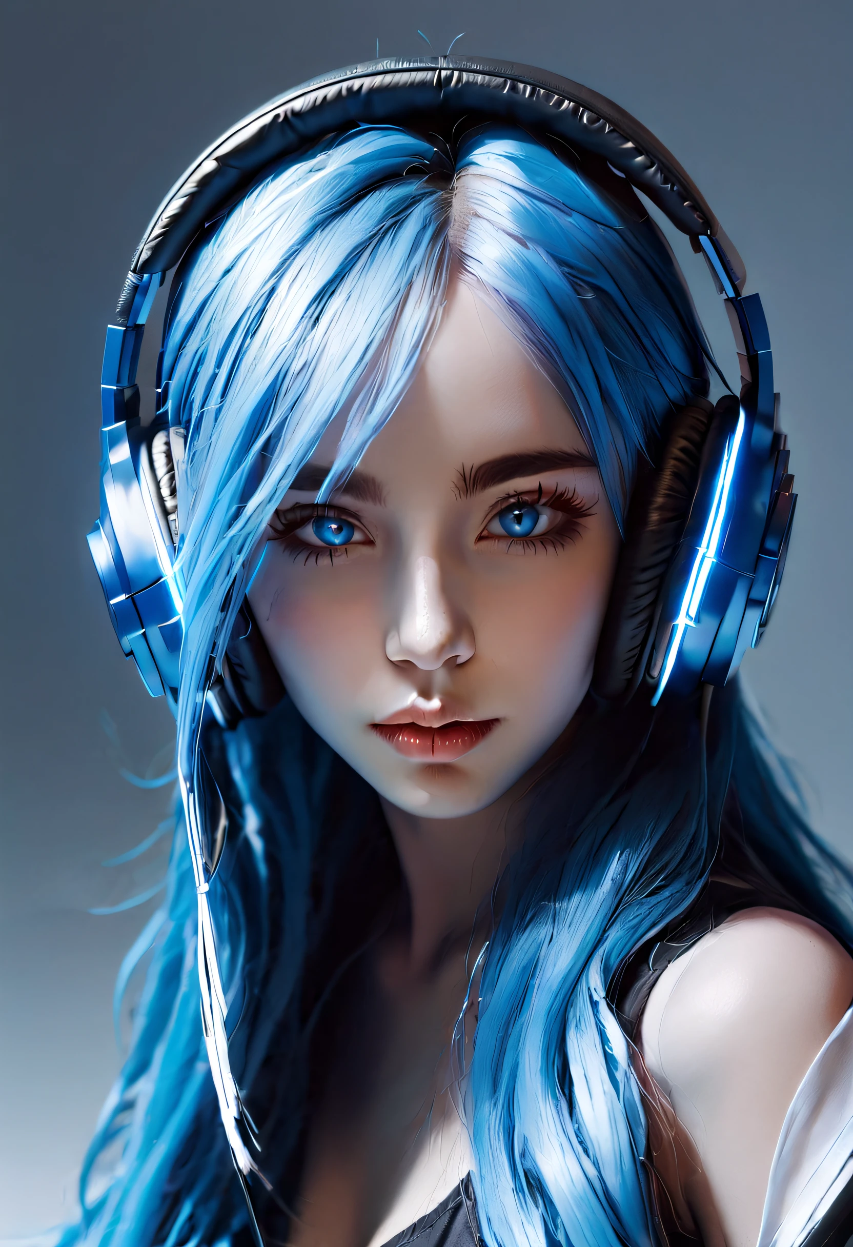 girl with long blue hair, blue eyes, futuristic vibes, mask on mouth, headphones, 8k, high quality, simple background, glowing eyes, nice pose