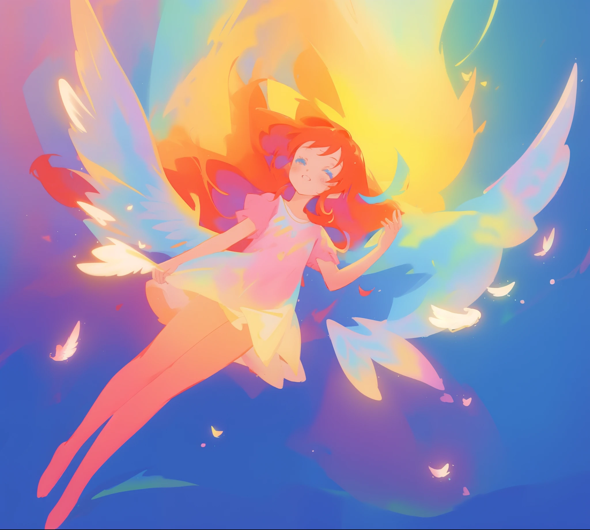 beautiful angel girl in colorful shimmering puffy dress, ((colorful angel wings)), vibrant pastel colors, long flowing red hair, colorful fantasia background, watercolor illustration, disney art style, beautiful digital illustration, beautiful, masterpiece, best quality, anime disney style, beautiful face