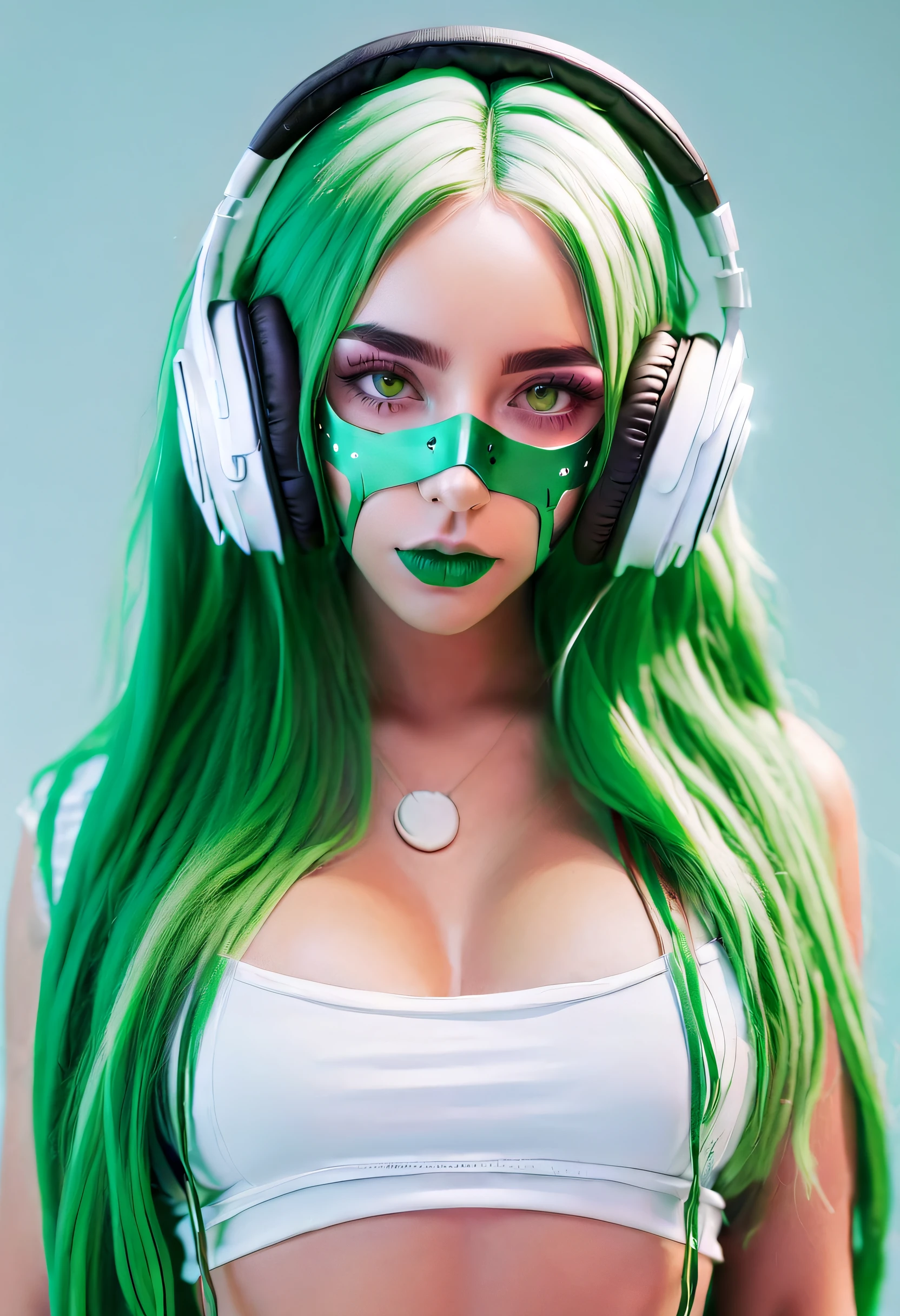 girl with long green hair, green eyes, futuristic vibes, mask on mouth, headphones, 8k, high quality, simple background, glowing eyes, nice pose