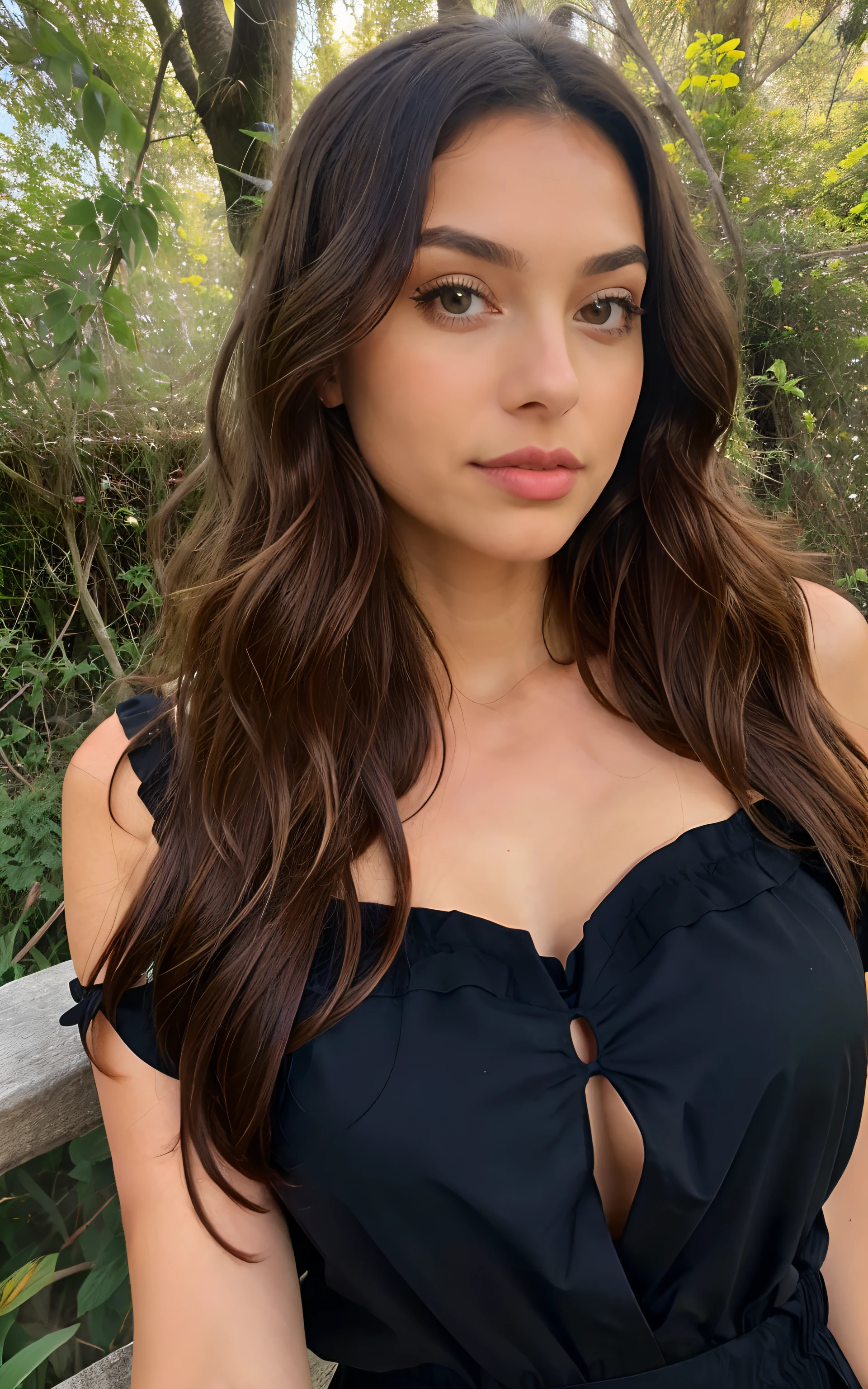 1 femme, Long Wavy Hair, dark brown eyes, nature, top, jupe courte, italie
