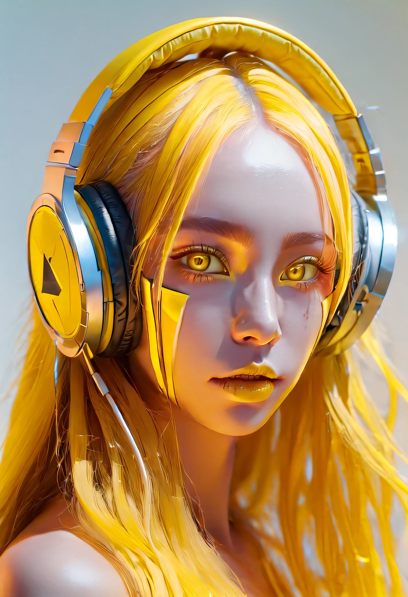 girl with long yellow hair, yellow eyes, futuristic vibes, mask on mouth, headphones, 8k, high quality, simple background, glowing eyes, nice pose