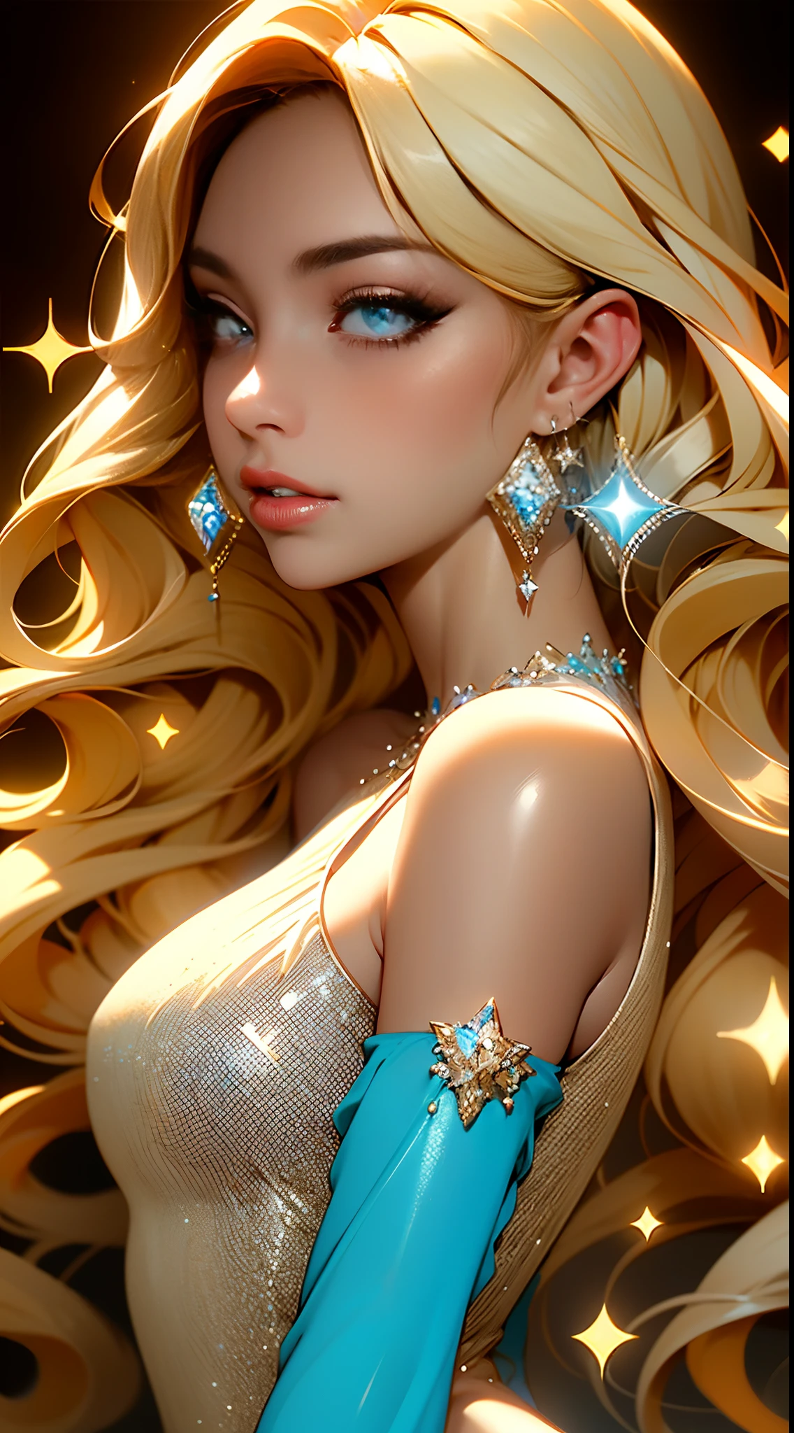 masterpiece,(masterpiece, top quality, best quality), 1girl, solo, long hair, jewelry, earrings, black background, looking at viewer, blue eyes, upper body, white hair, simple background, bangs, hand up, hair ornament, from side, light particles, bare shoulders, sparkle, long sleeves, breasts, blonde hair, dress, star (symbol), lips, eyelashes