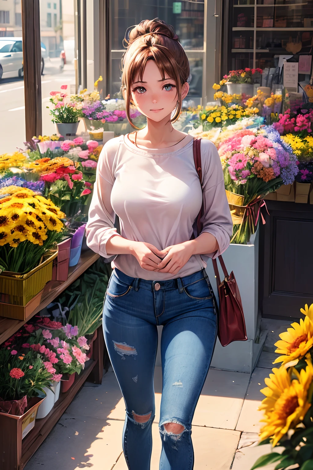 (masutepiece, Digital Art, Digital Illustration, 4K, 8K, Ultra-detailed, beautiful image, Sharp Image, Photorealistic, Raw photo, Perfect face, Perfect lines, Perfect eyes, Soft lighting) 1 woman, (Light brown hair color,Chignon Hair,Troubled face,embarrassed from,Kamimei,kawaii,delicate girls,Casual knit,damage denim,Denim skinny pants,Pink lips,natural make up,a baby face,Innocent big eyes,Height 147 cm,A 23-year-old girl,skinny,Short,clean:1.3),(1 cute girl in a suit and 1 handsome man:1.2), (ember,Men in suits,well-muscled,Firm shoulder width,Adult male,Boyish hairstyle,28-year-old man with bright smile:1.2),The sun's rays illuminate the room,Flower Shop,Florist's storefront,colorful flower,Surrounded by many flowers,Troubled face,Pretty girl in a florist,Girl Selling Flowers,Florist clerk and customer,Kissing,独奏,Full body painting,(One Girl And One Man:1.4),Cheek dyeing、gasping face、embarrassed、boredom、begging、Unhappy、Greedy expression,Shop at a florist,Date at the flower shop,Give a bouquet,floral arrangements,Unfold the construction paper and sketch,(damage denim,Street fashion,Oversized Blouson,Infant face:1.3)
