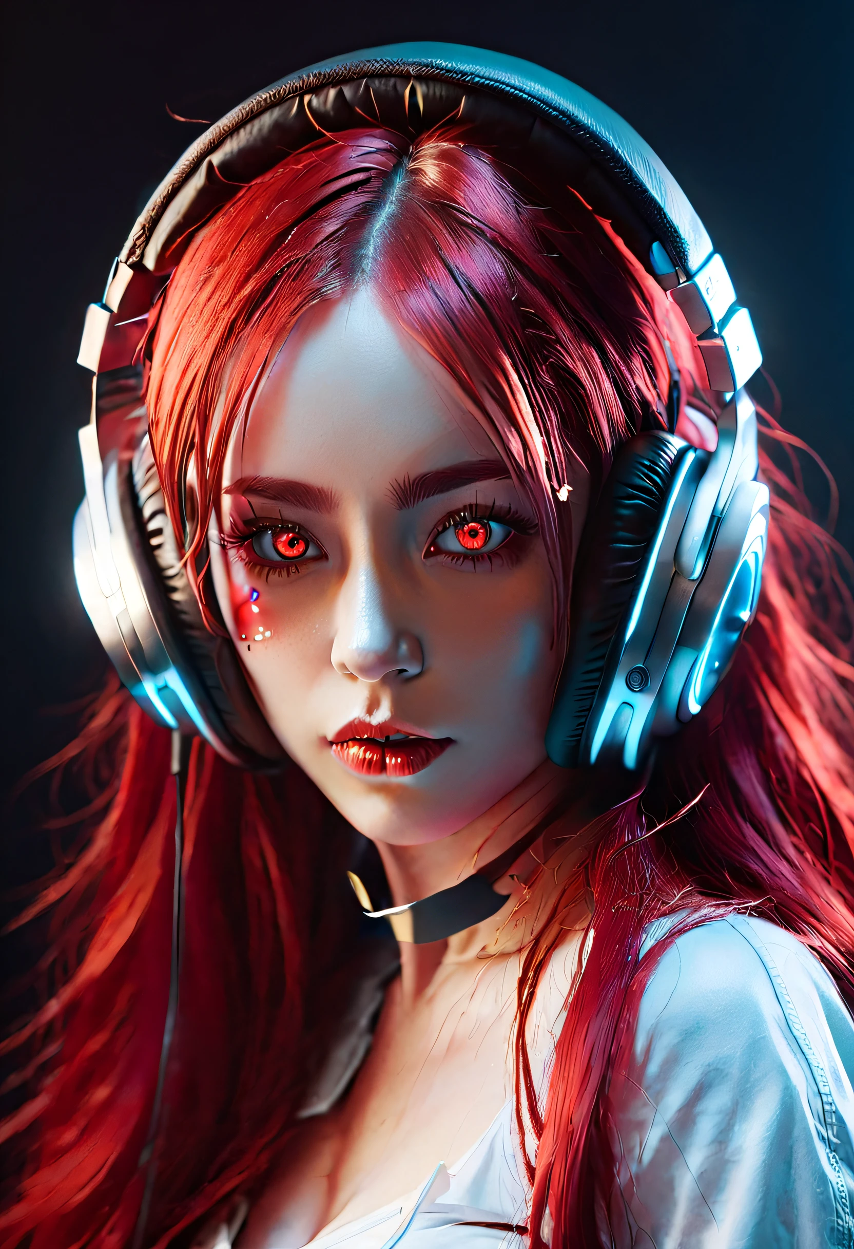 girl with long red hair, red eyes, futuristic vibes, mask on mouth, headphones, 8k, high quality, simple background, glowing eyes, nice pose