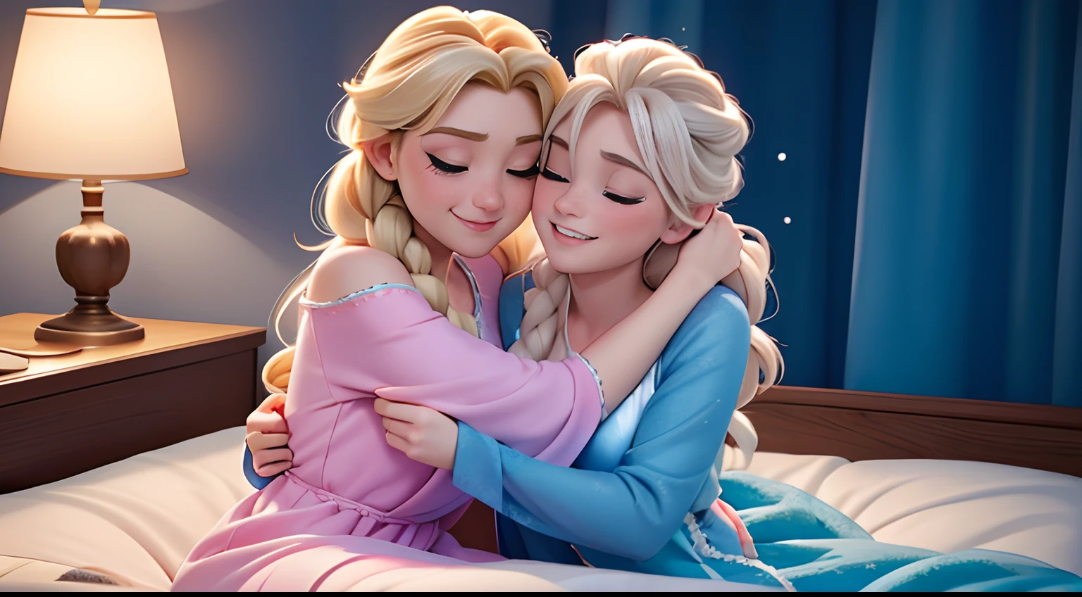 Anna and Elsa from "Frozen" (((hugging))) in bed, wearing nightgowns