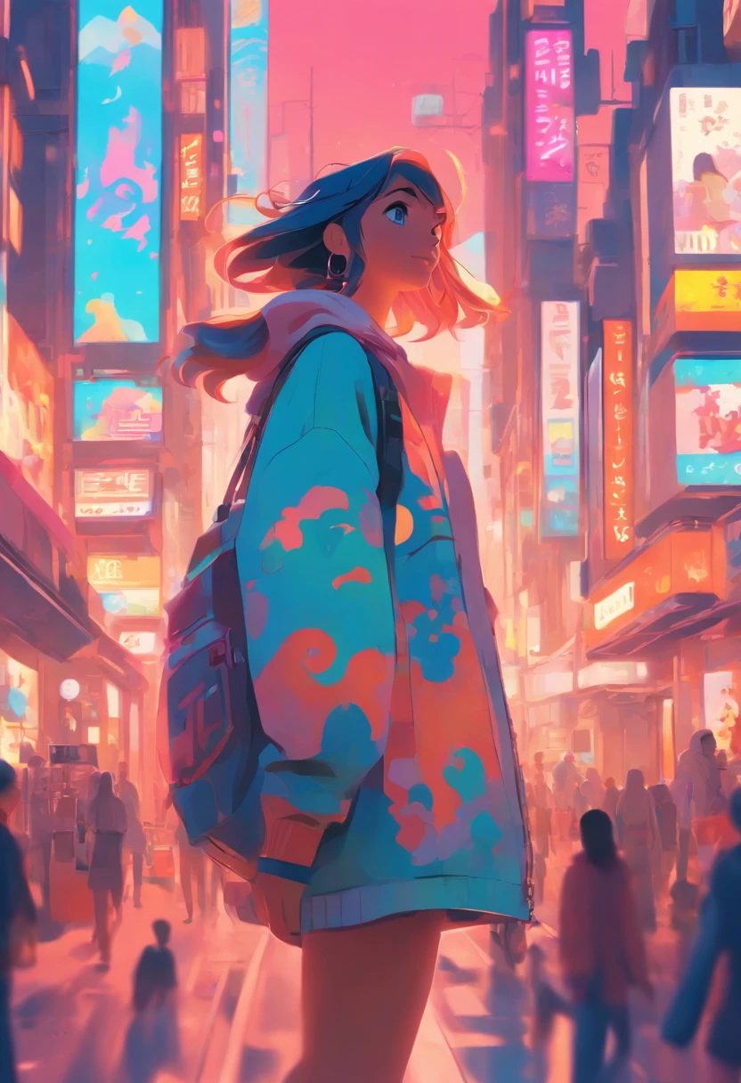 illustration of a woman walking through a city with various objects, editorial illustration pastelcolor, in style of james gilleard, illustration style, james gilleard artwork, flat illustration, in style of digital illustration, magazine illustrations, editorial illustration, digital illustration -, #illustration, magazine illustration, inspired by James Gilleard, modern illustration, illustration | rutkowski, stylized digital illustration