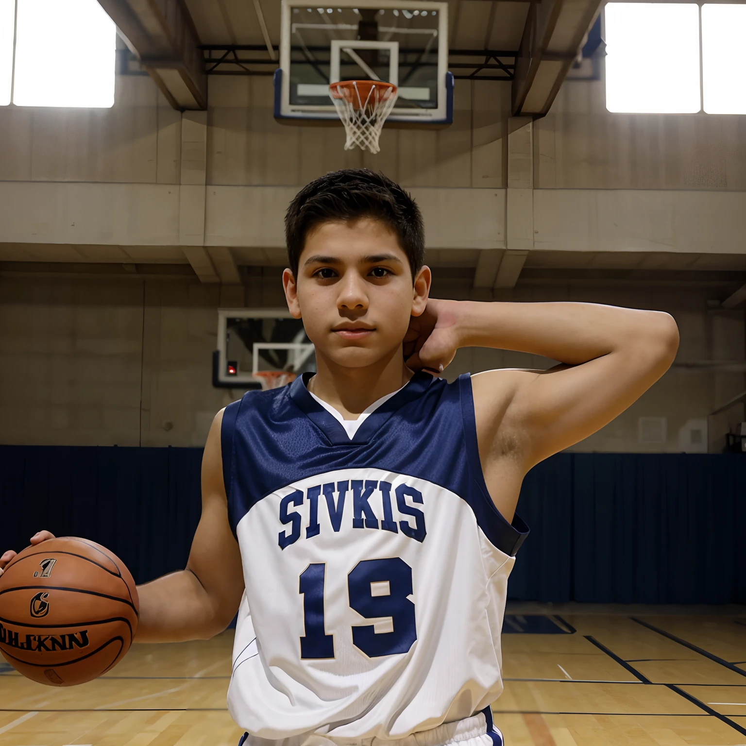 A 11 year old hispanic boy basketball player, height 4,10 with a muscular body