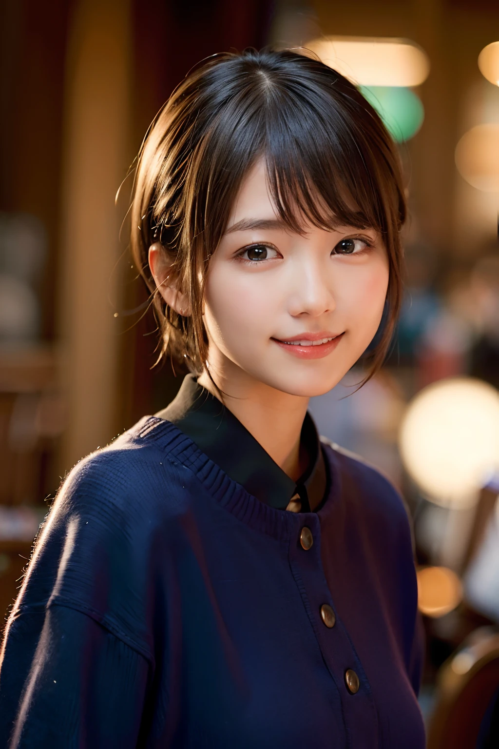 (8K、Raw photography、top-quality、masterpiece:1.2)、(realisitic、Photorealsitic:1.37)、ultra-detailliert、超A high resolution、1人、see the beholder、beautifull detailed face、A big smile、Constriction、(Slim waist) :1.3)、The shirt、Beautiful detailed skin、Skin Texture、short-hair、、profetional lighting、
