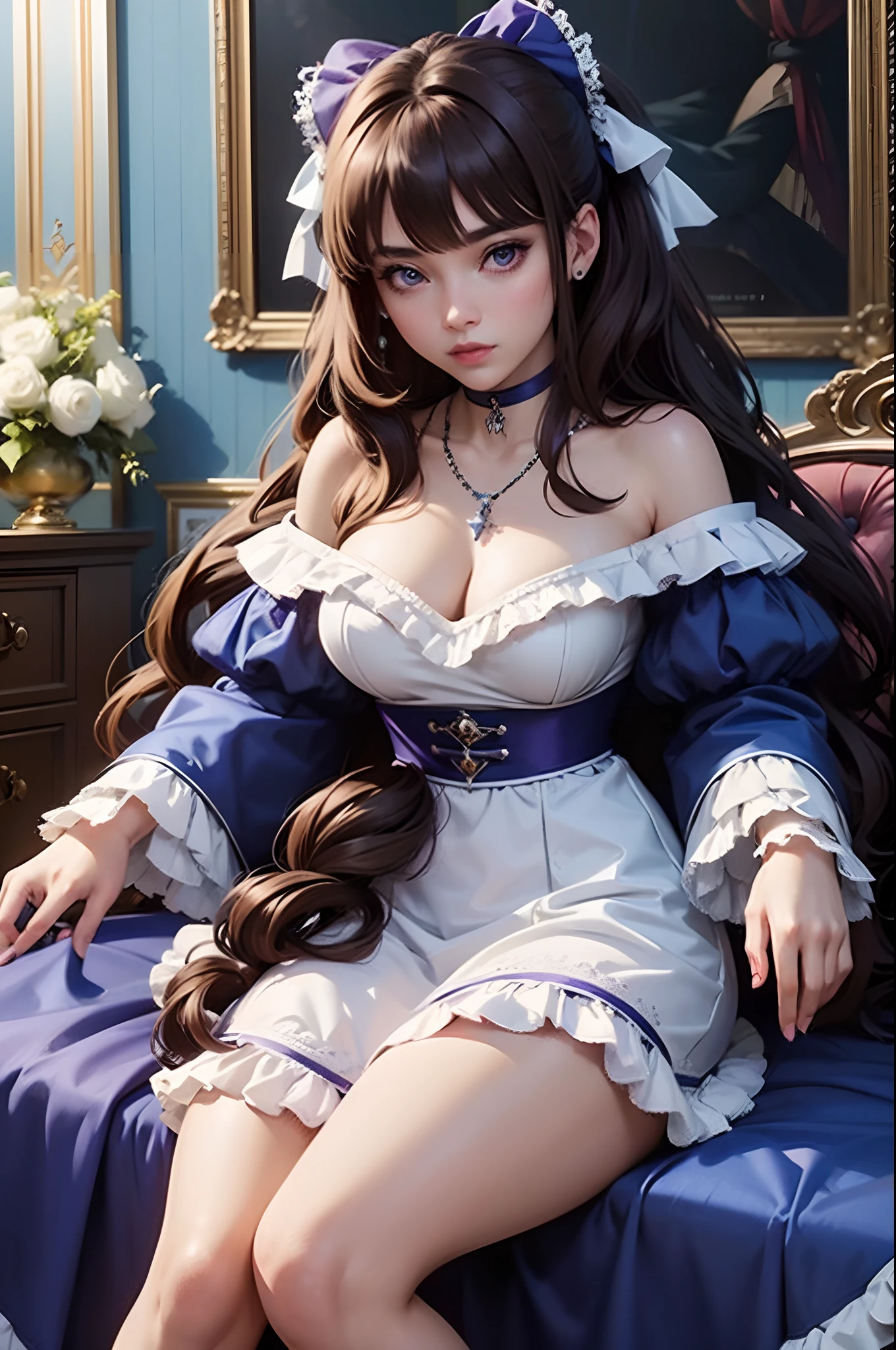 solo, solo focus, 1girl, The Nobleman's Retort, Hentai Game, RPG Hentai Game, Isabel, Hime bangs, brown hair, long hair, Blue bow in hair, Blue choker, white bead necklace, blue off shoulder dress, Frilly dress, white gloves, purple eyes, background nobleman's mansion, Masterpiece, best quality, fullbody portrait,