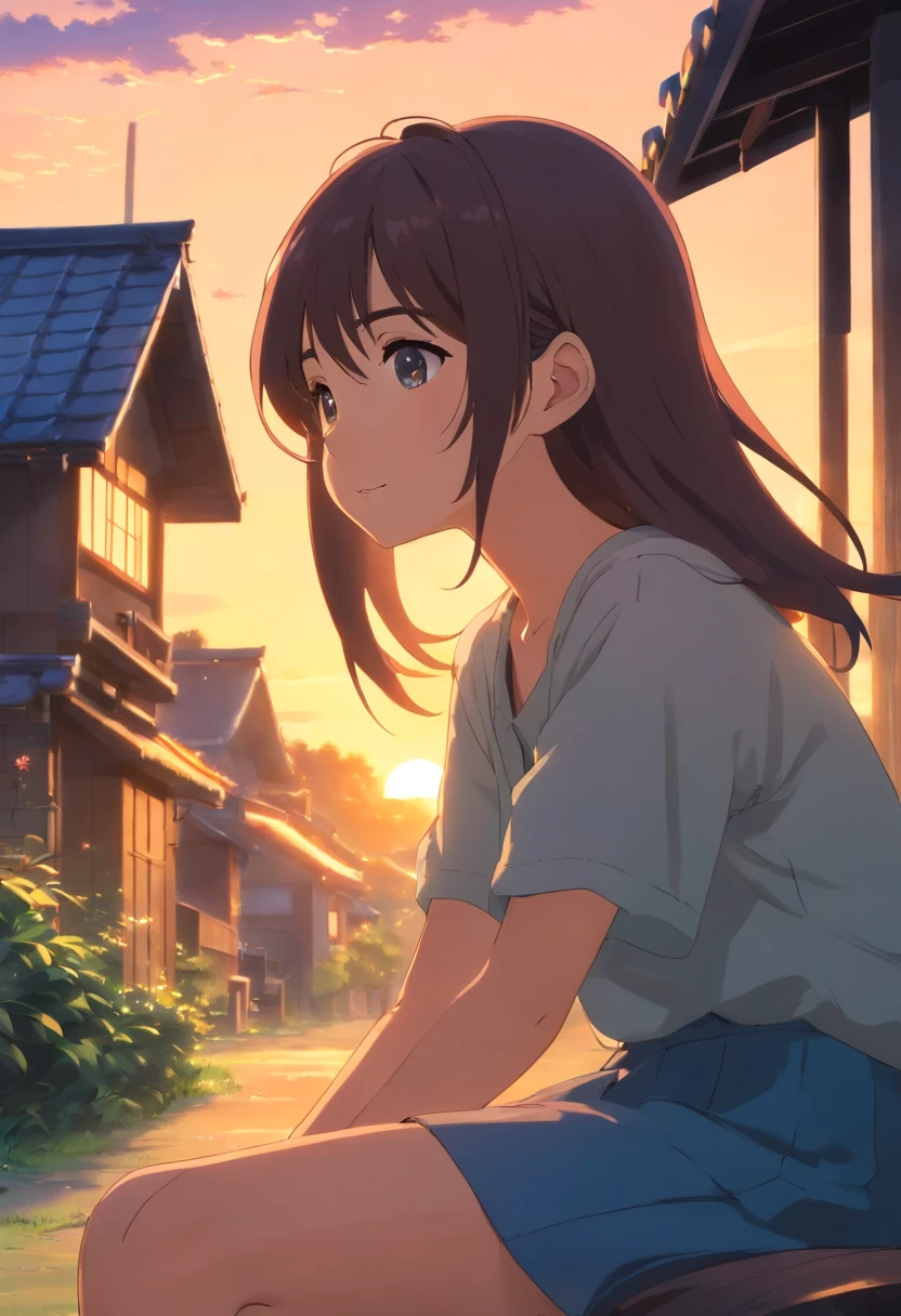 masterpiece, best quality, movie still, 1girl, sitting near village house, close-up, bright, happy, cool soft lighting, sunset, night(sparks:0.7)