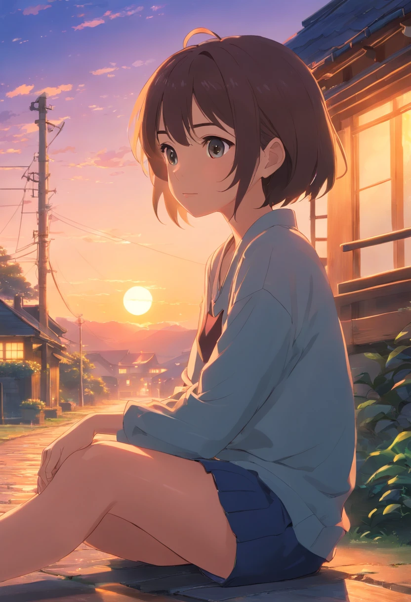 masterpiece, best quality, movie still, 1girl, sitting near village house, close-up, bright, happy, cool soft lighting, sunset, night(sparks:0.7)