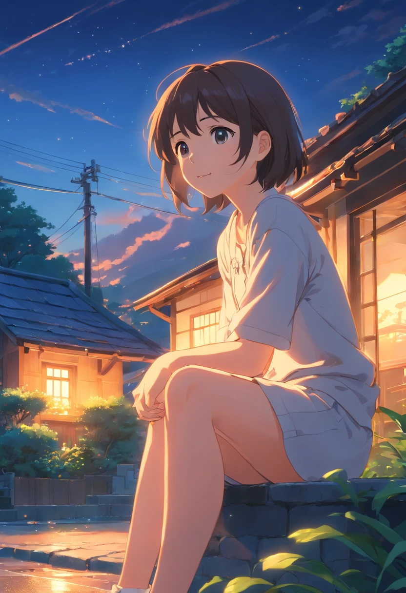 masterpiece, best quality, movie still, 1girl, sitting near village house, close-up, bright, happy, cool soft lighting, sunset, night(sparks:0.7)