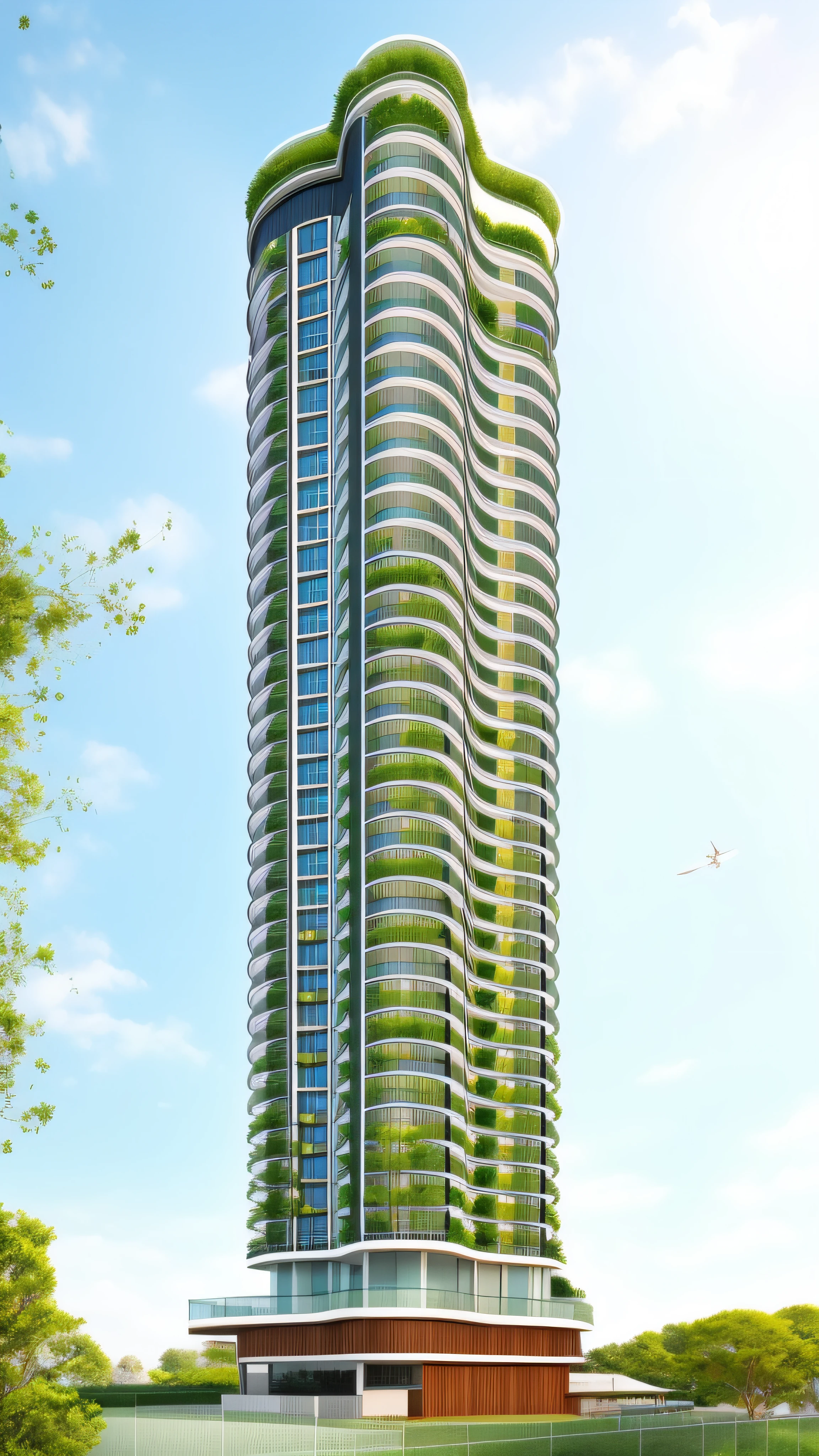 Modern tower exterior in spring, ((halfway through the crowded city)), Dark green aluminum horizontal strip combined with natural wood, glass railings, balcony ornamental plants, glass windows, beautiful landscape with Euro ornamental plants, green grass, navy blue. color scheme.