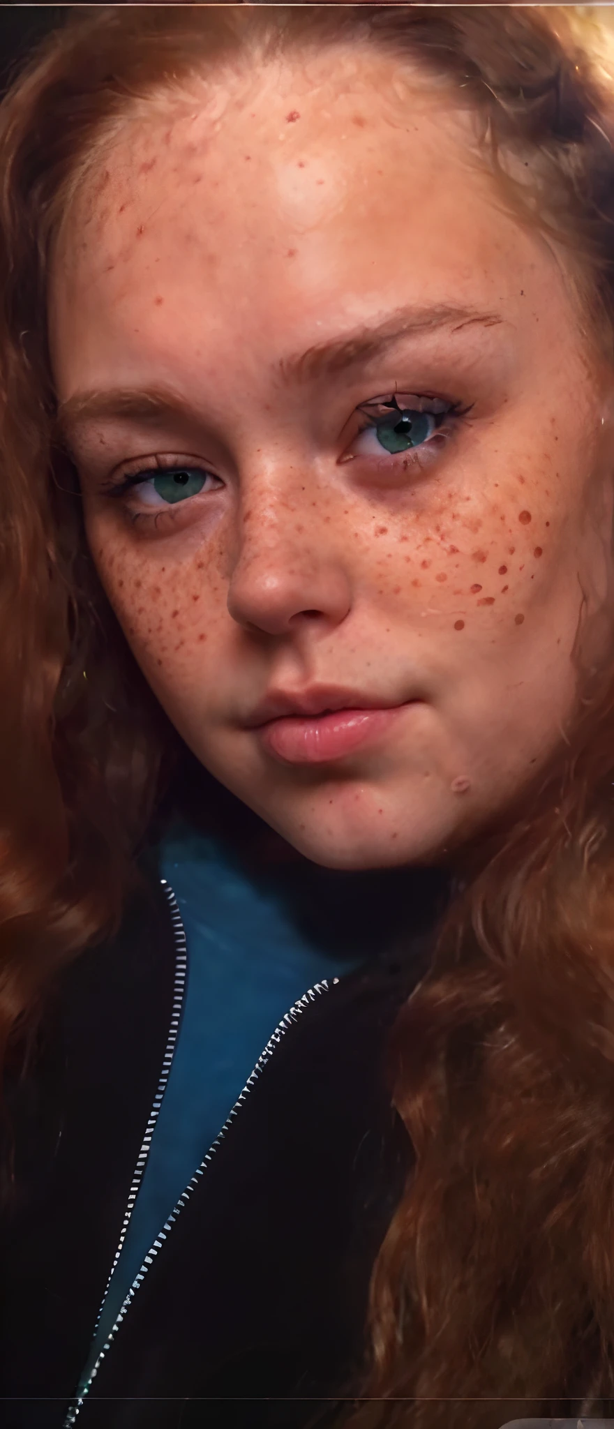 arafed woman with freckles on her face looking at a cell phone, woman's face looking off camera, she is facing the camera, closeup on face, detailed unblurred face, close up face, she has a distant expression, staring right at you, redhead, long curly hair, green eyes, beautiful, curvy, light freckles all over