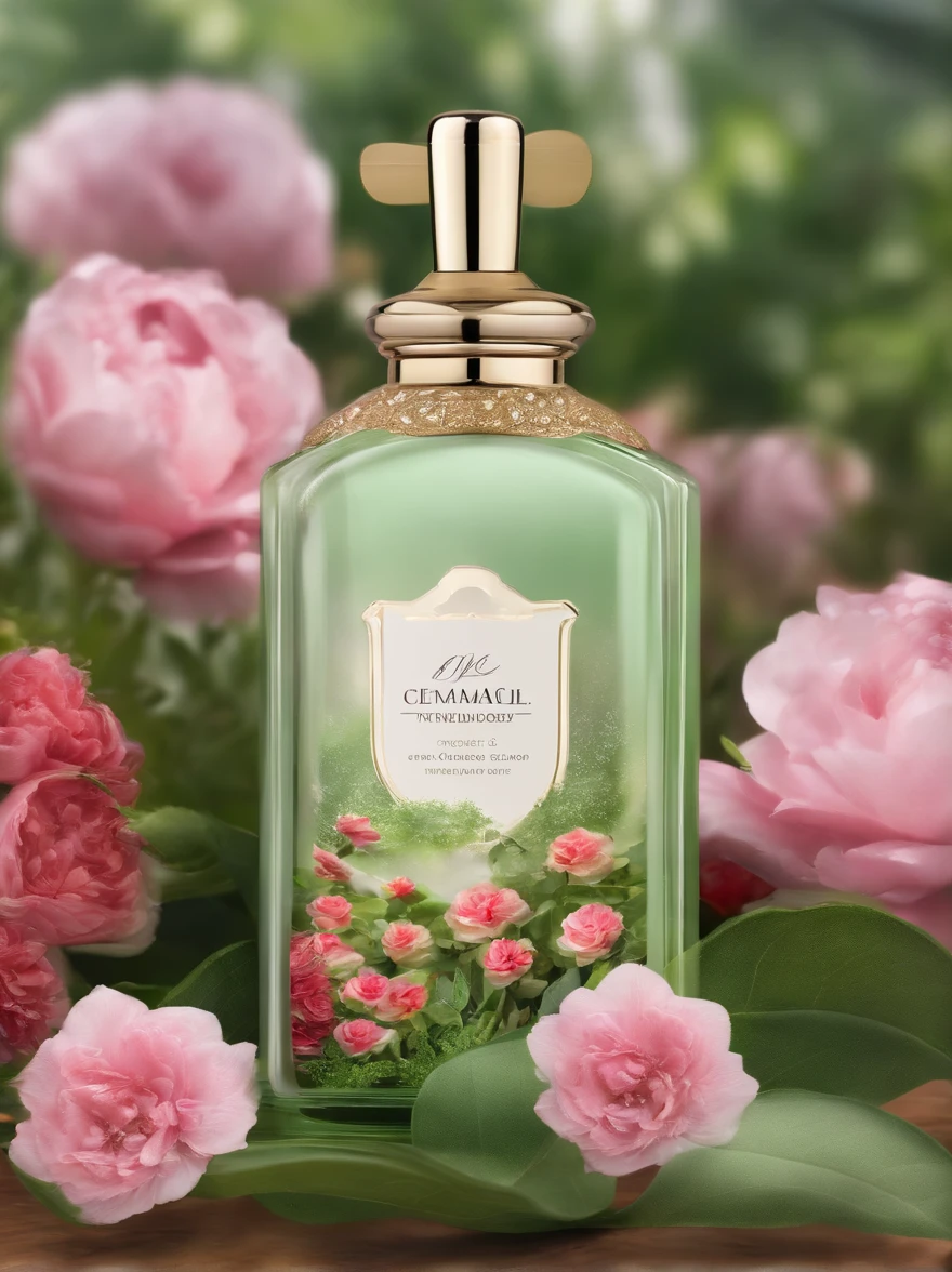 A bottle of body lotion surrounded by flowers，Surrounded by a complex of green neighborhoods，oc rendered，Match the environment，exquisite curve，The expression is mysterious，Noble，𝓡𝓸𝓶𝓪𝓷𝓽𝓲𝓬