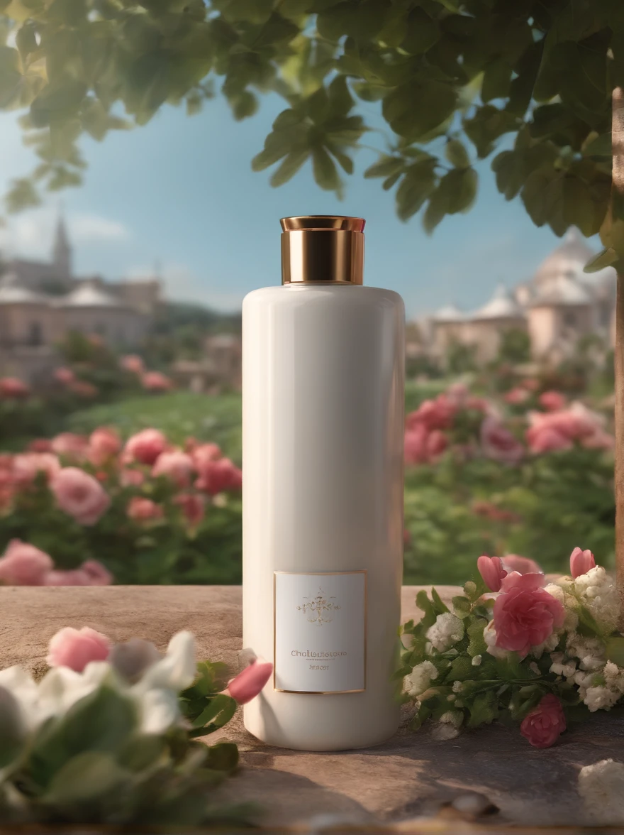 A bottle of body lotion surrounded by flowers,Surrounded by a complex of green neighborhoods,oc rendered,Match the environment,exquisite curve,The expression is mysterious,Noble,𝓡𝓸𝓶𝓪𝓷𝓽𝓲𝓬