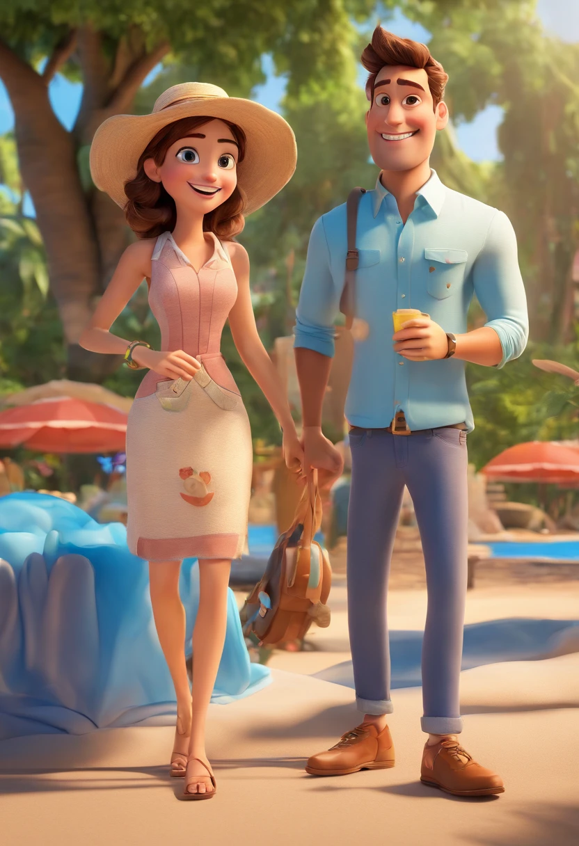 A couple dancing, inspired by Pixar animation. O homem deve ser alto, with Arabic characteristics, careca, barbudo, wears glasses, His eyes are brown, barrigudo e forte, deve estar vestido de forma elegante mas informal. Women, on the other hand, should be shorter, magra, de cabelo curto e escuro, olhos azuis, tem sardas no nariz, deve estar usando uma roupa bonita mas informal.
