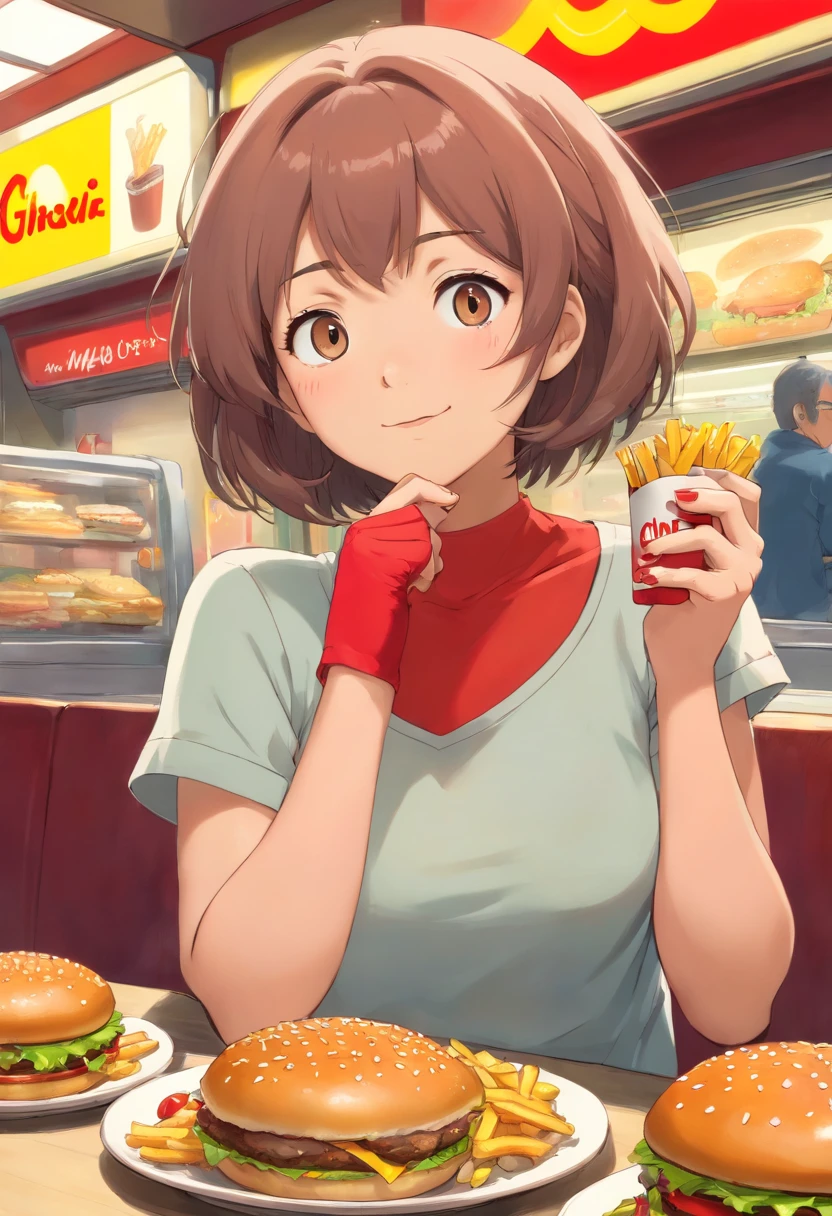 1 mujer obesa sexy en ropa interior comiendo hamburguesas en McDonald's