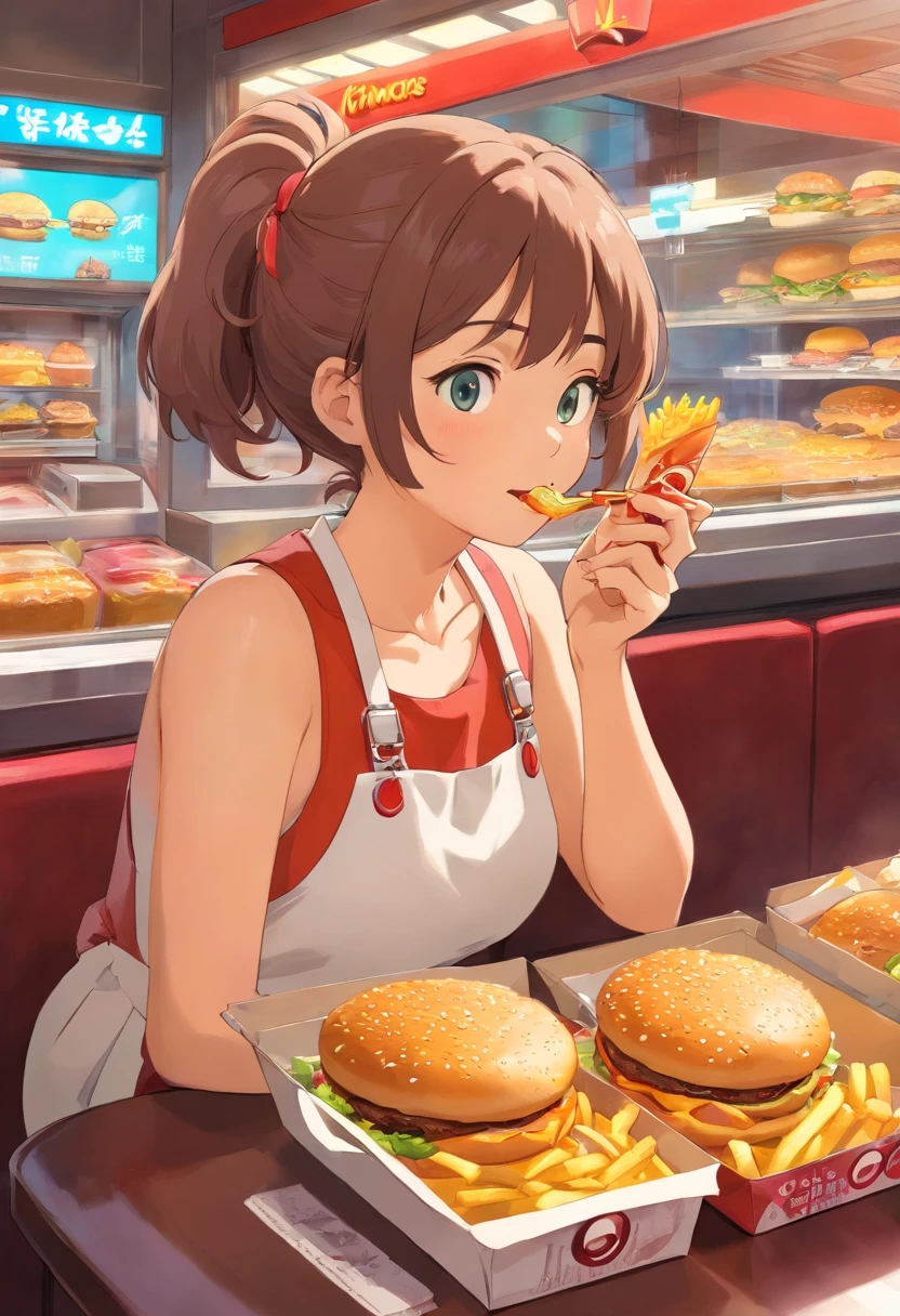 1 mujer obesa sexy en ropa interior comiendo hamburguesas en McDonald's
