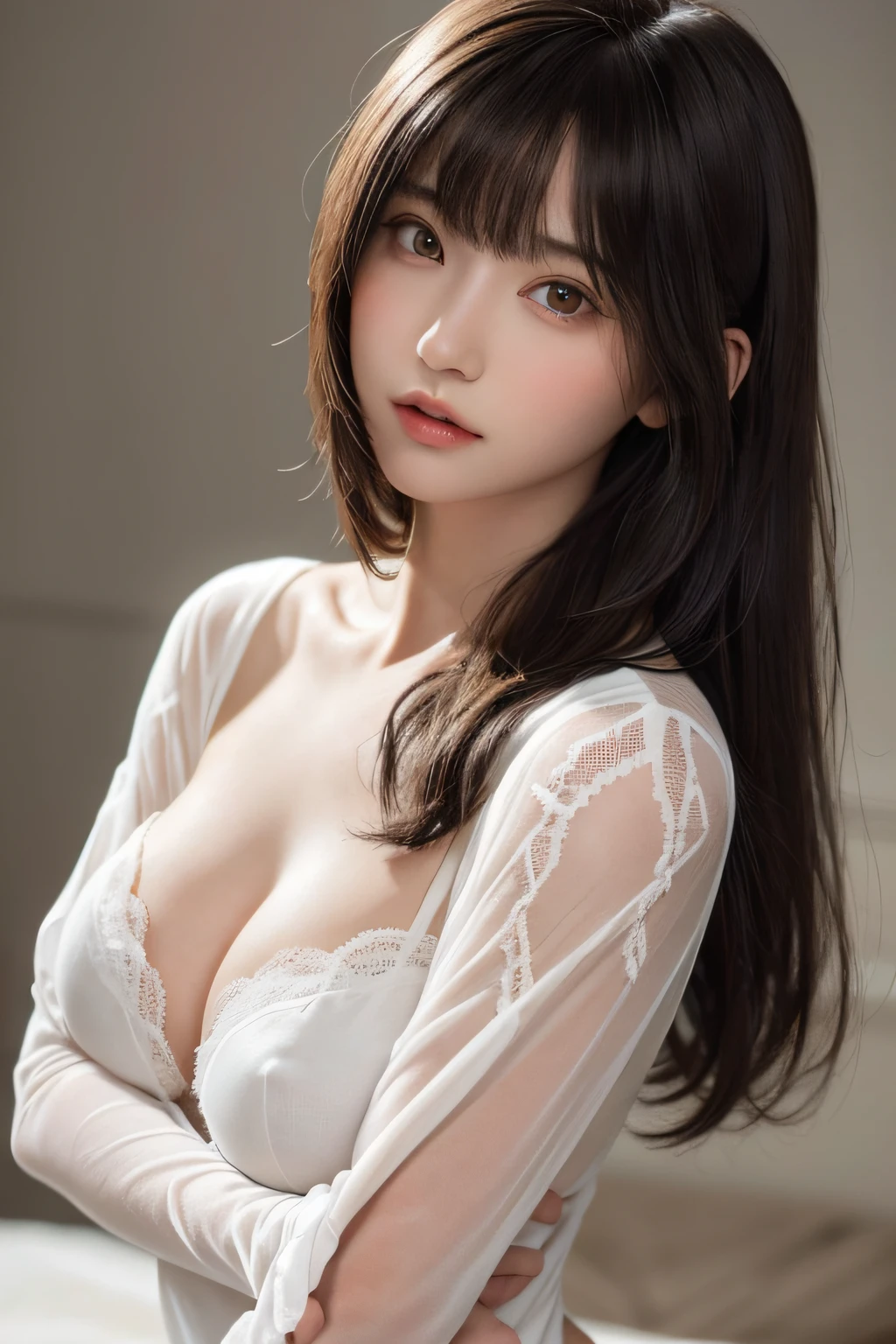 An 18-year-old woman、A dark-haired、(Silky hair:swept bangs)、dark themed、Muted Tones、Subdued Color、highly contrast、(natural skin textures、Hyper-Realism、Soft light、sharp)、(masuter piece:1.3)、(8K、Photorealsitic、Raw photography、top-quality: 1.4)、cowboy  shot、Beautiful expression、(Lifelike face)、Beautiful hairstyle、realisticeyes、(Soft smile:0.6)、Beautiful details、（real looking skin）、Beautiful skins、（White lace bodysuit）、Skinny face、absurderes、enticing、超A high resolution、A hyper-realistic、high-detail、the golden ratio、medium breasts⁩、super model、Dynamic Pose