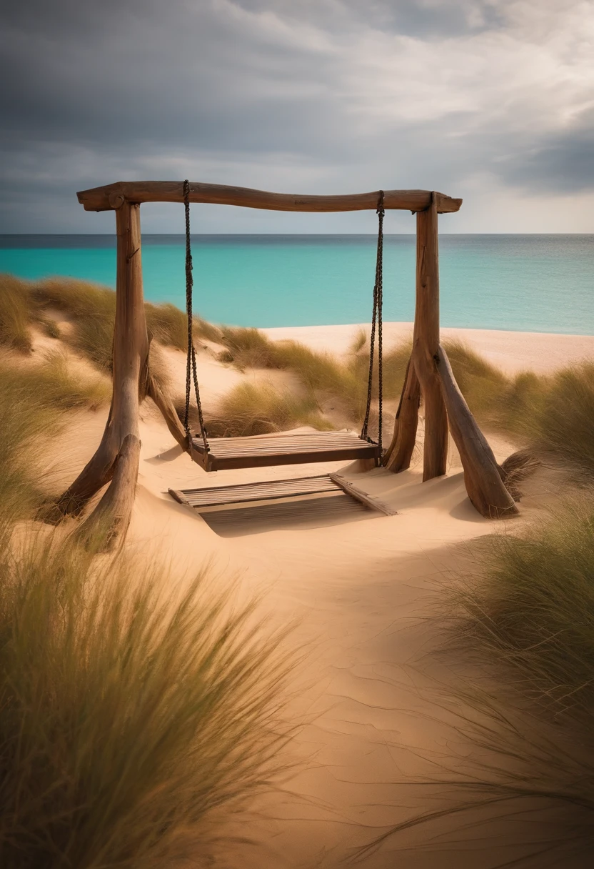 Small oasis in the middle of the dunes with a huge swing