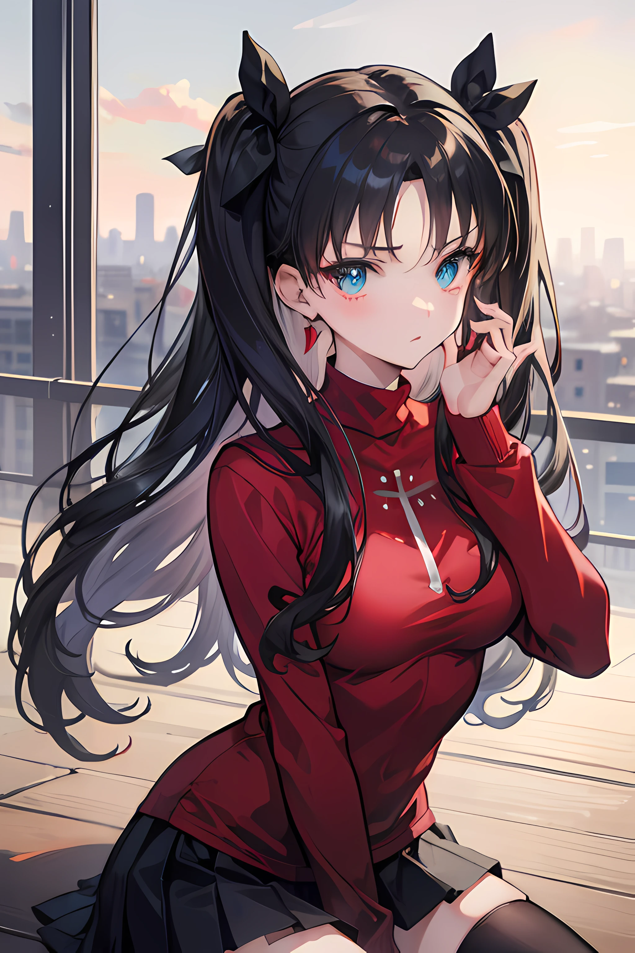 (masterpiece), best quality, expressive eyes, perfect face, 1girl, solo, rintohsaka, rin tohsaka, aqua eyes, black hair, hair ribbon, long hair, ribbon, sidelocks, two side up, black skirt, black thighhighs, long sleeves, miniskirt, pleated skirt, ((red sweater)), skirt, sweater, thighhighs, turtleneck, city background, sitting, character sheet, upper body, portrait, looking at viewer