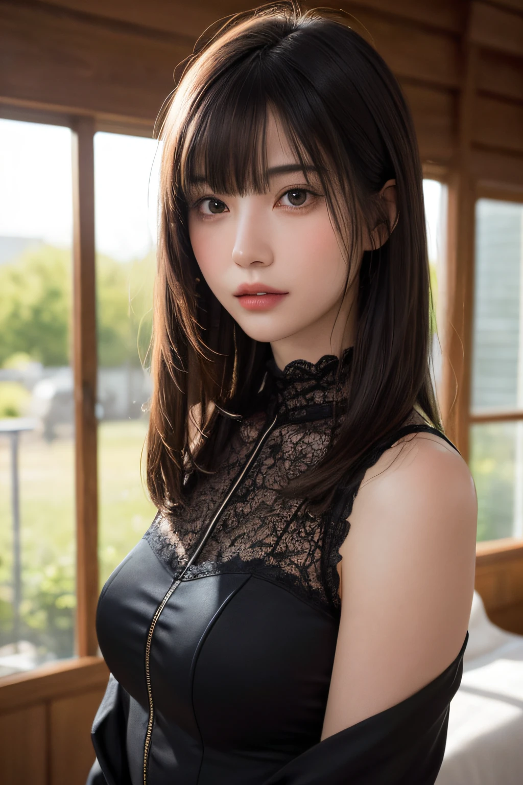 An 18-year-old woman、A dark-haired、(Silky hair:swept bangs)、dark themed、Muted Tones、Subdued Color、highly contrast、(natural skin textures、Hyper-Realism、Soft light、sharp)、(masuter piece:1.3)、(8K、Photorealsitic、Raw photography、top-quality: 1.4)、cowboy  shot、Beautiful expression、(Lifelike face)、Beautiful hairstyle、realisticeyes、(Soft smile:0.6)、Beautiful details、（real looking skin）、Beautiful skins、（White lace bodysuit）、Skinny face、absurderes、enticing、超A high resolution、A hyper-realistic、high-detail、the golden ratio、medium breasts⁩、super model、Dynamic Pose