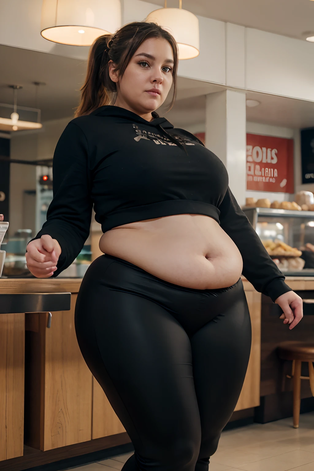 48-year-old woman, plus size milf body, SSBW, extremely obese, (obese belly):1.6, (obese legs):1.5, fat rolls, fat woman, fat figure, in tight leggings and a hoodie standing in a fast food restaurant, wide hips, large thighs, thick thighs, she has a jiggly fat round belly, black leggings, leggings, black spandex, black extremely tight jeans, black leggings, very big booty, wearing black tight clothing, best quality, cinematic lighting, detailed background, beautifully detailed eyes, look at a camera, ponytail hair, 48 yo, soft volumetric lights, intricate details, (ArtStation:1.2)