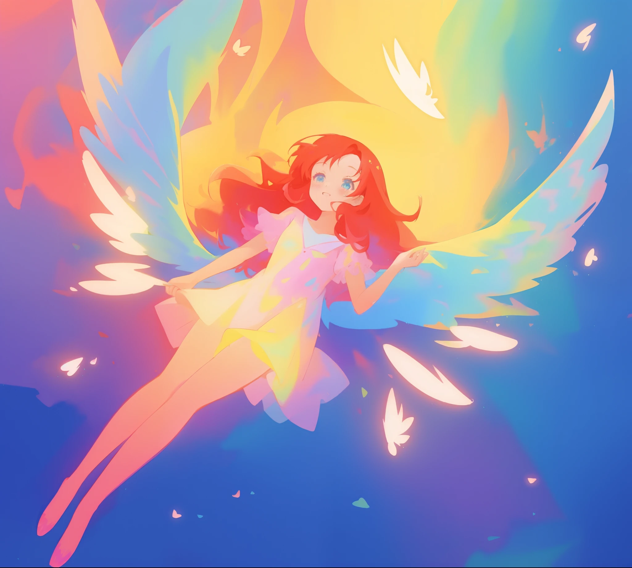 beautiful angel girl in colorful shimmering puffy dress, ((colorful angel wings)), vibrant pastel colors, long flowing red hair, colorful fantasia background, watercolor illustration, disney art style, beautiful digital illustration, beautiful, masterpiece, best quality, anime disney style, beautiful face