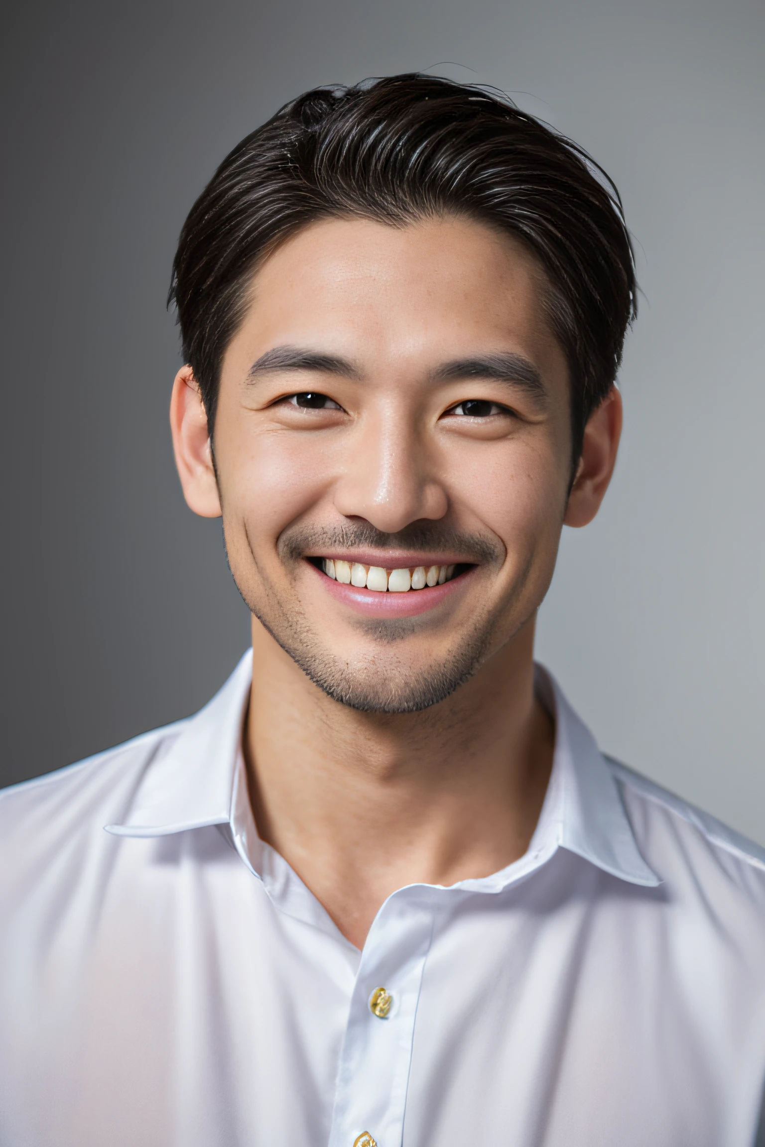 in 8K、top-quality、ultra-detailliert、​masterpiece、realisitic、Photo Real、Handsome man in his 30s、Portrait Shot、Impressive white teeth with a smile、japanese male
