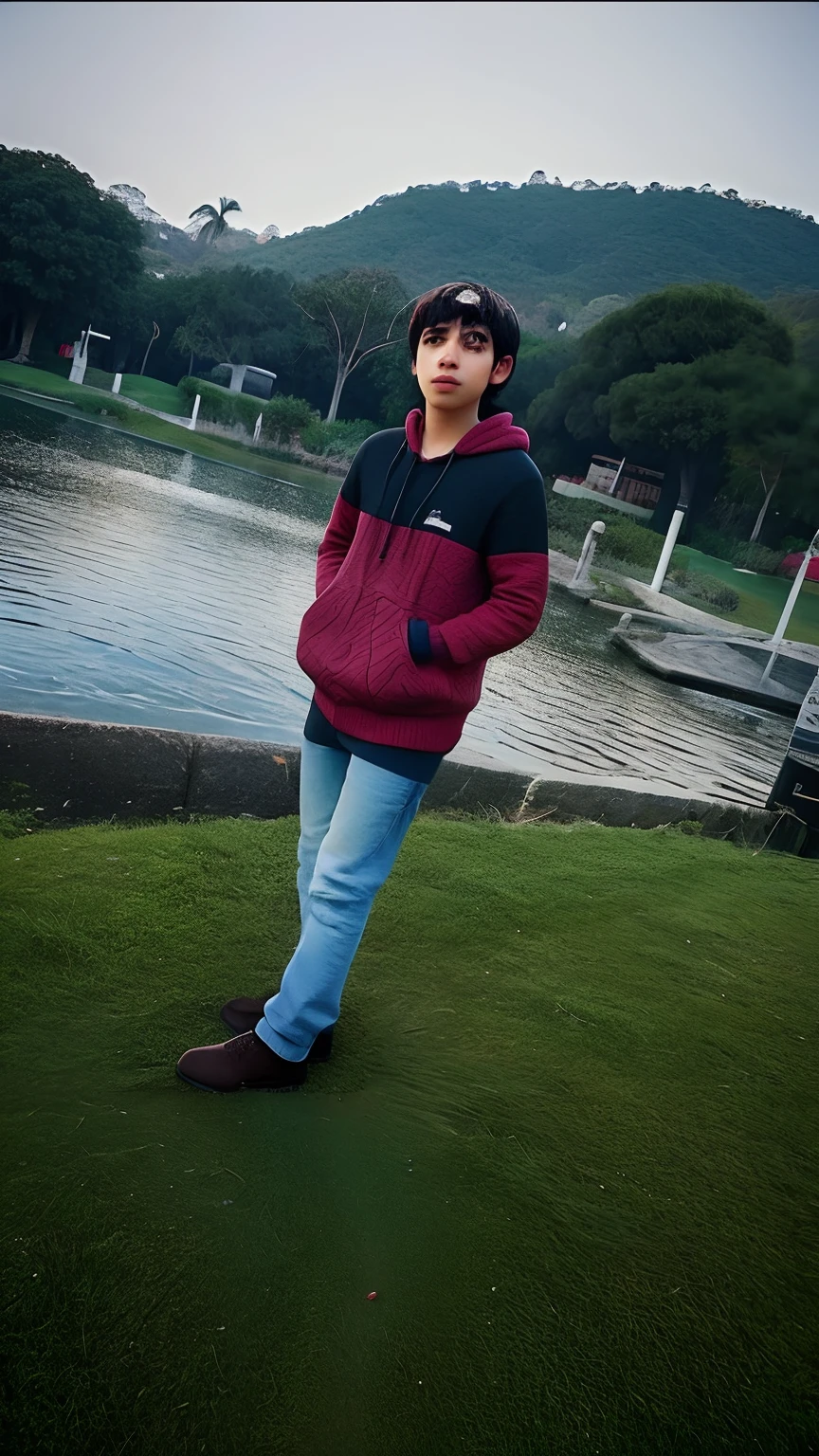 There's a man standing on the grass near a lake, em torno de 1 9 anos, em um parque, River in front of you, mateus 9 5, Pose casual, ele tem cerca de 20 anos, ele tem cerca de 2 0 anos de idade, tommy 1 6 anos de idade, standing next to water, no parque, tiro de corpo inteiro distante